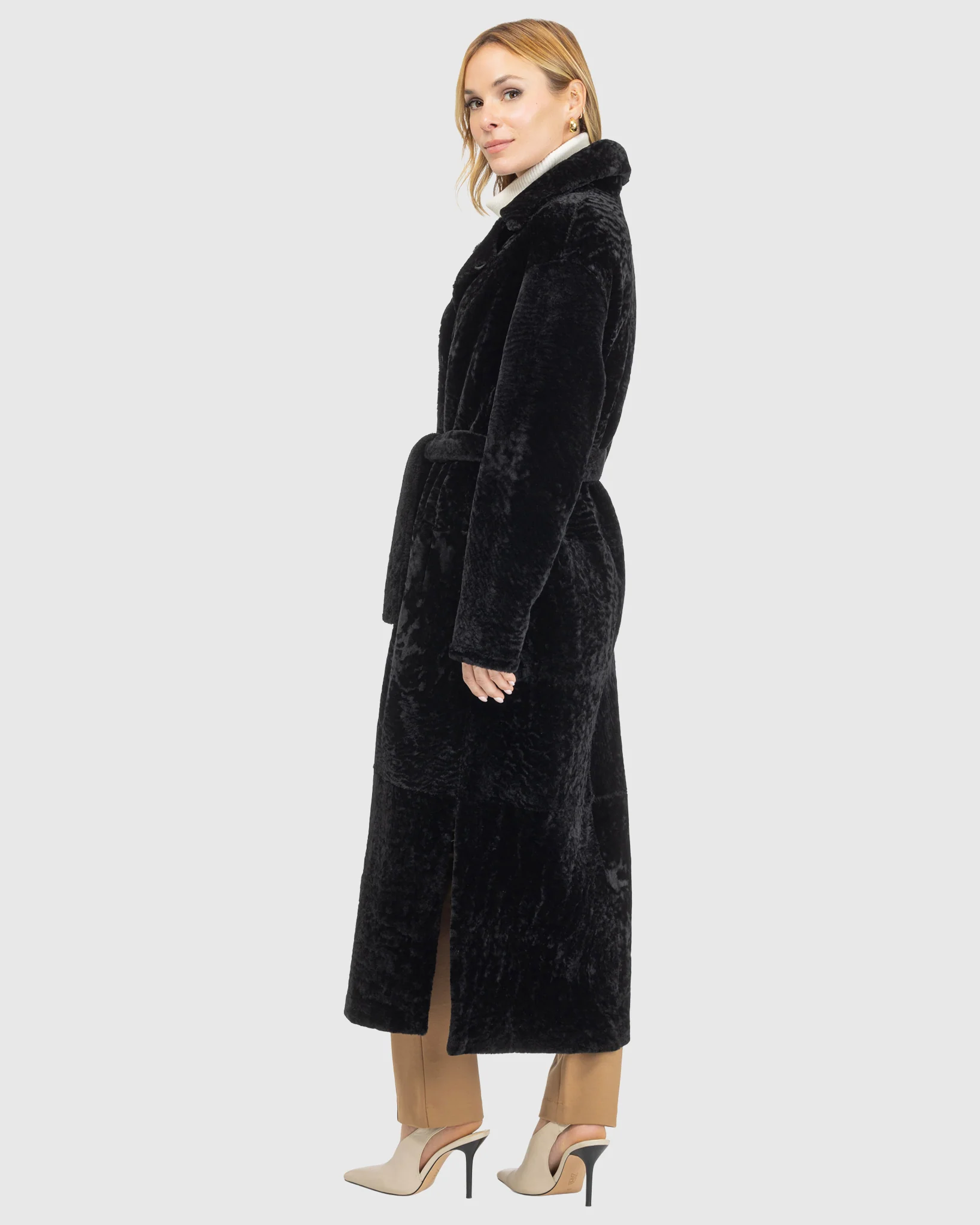 Reversible Select Shearling Lamb Coat With Side Slits And Belt - Image 4