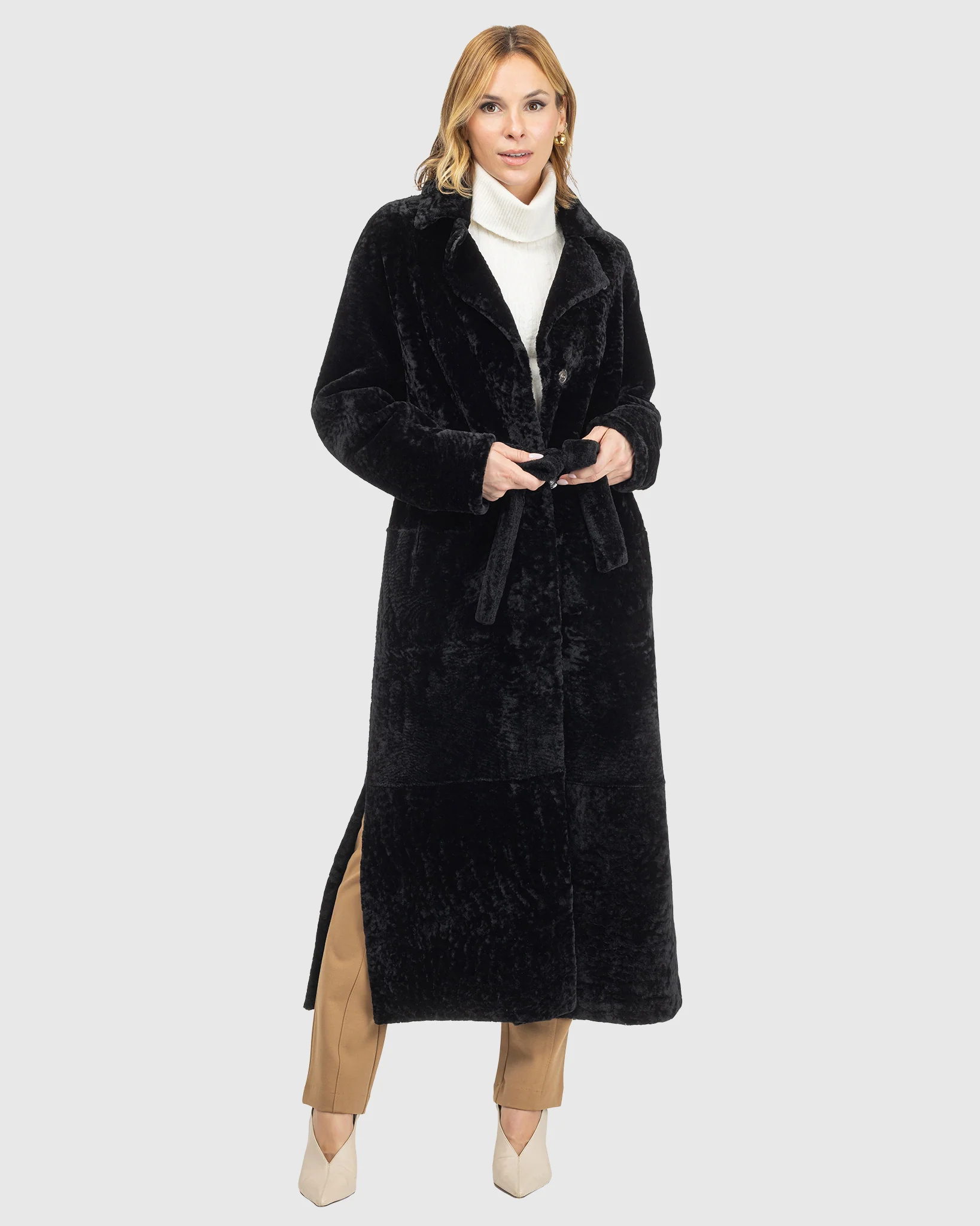 Reversible Select Shearling Lamb Coat With Side Slits And Belt - Image 6