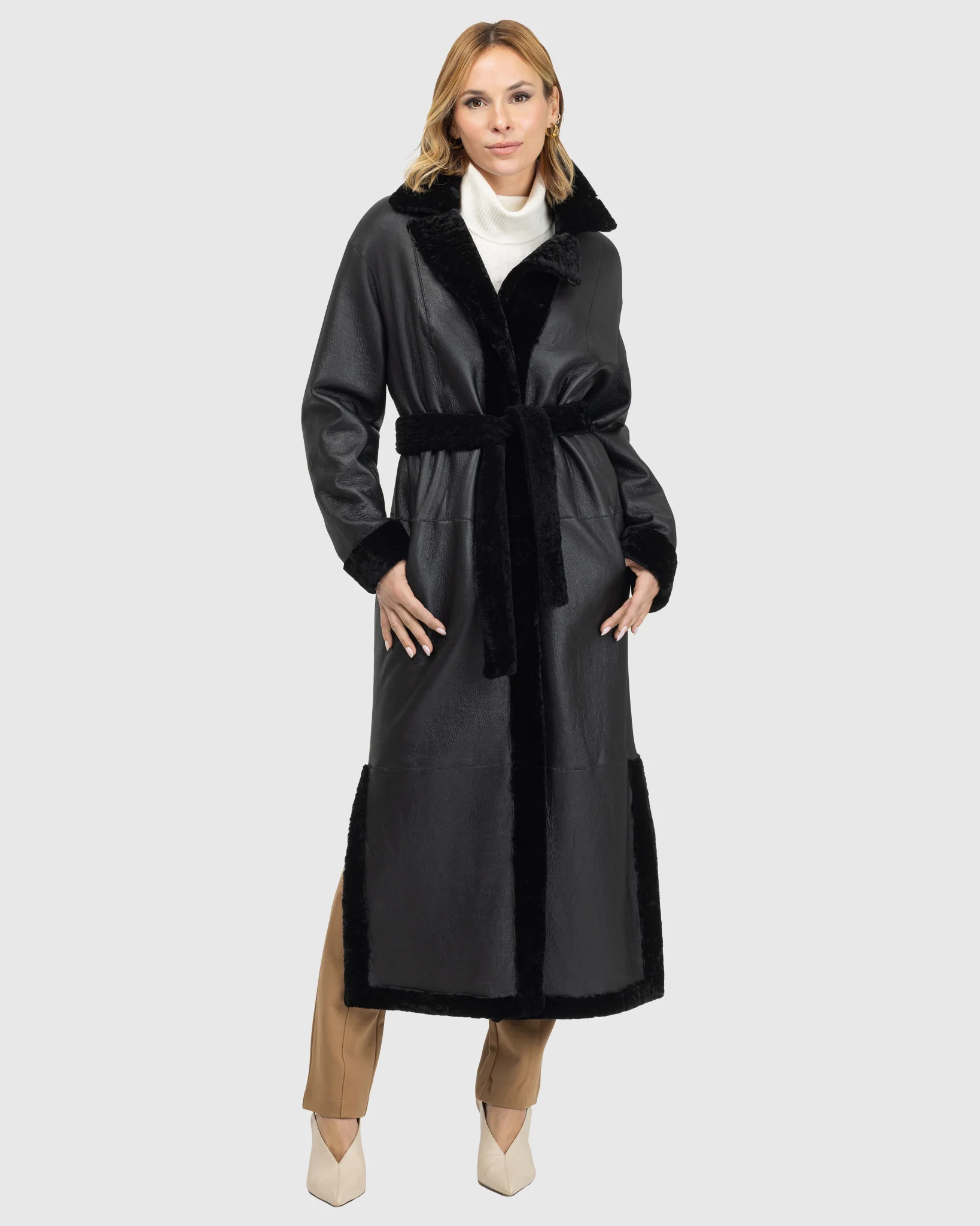 Reversible Select Shearling Lamb Coat With Side Slits And Belt - Image 7