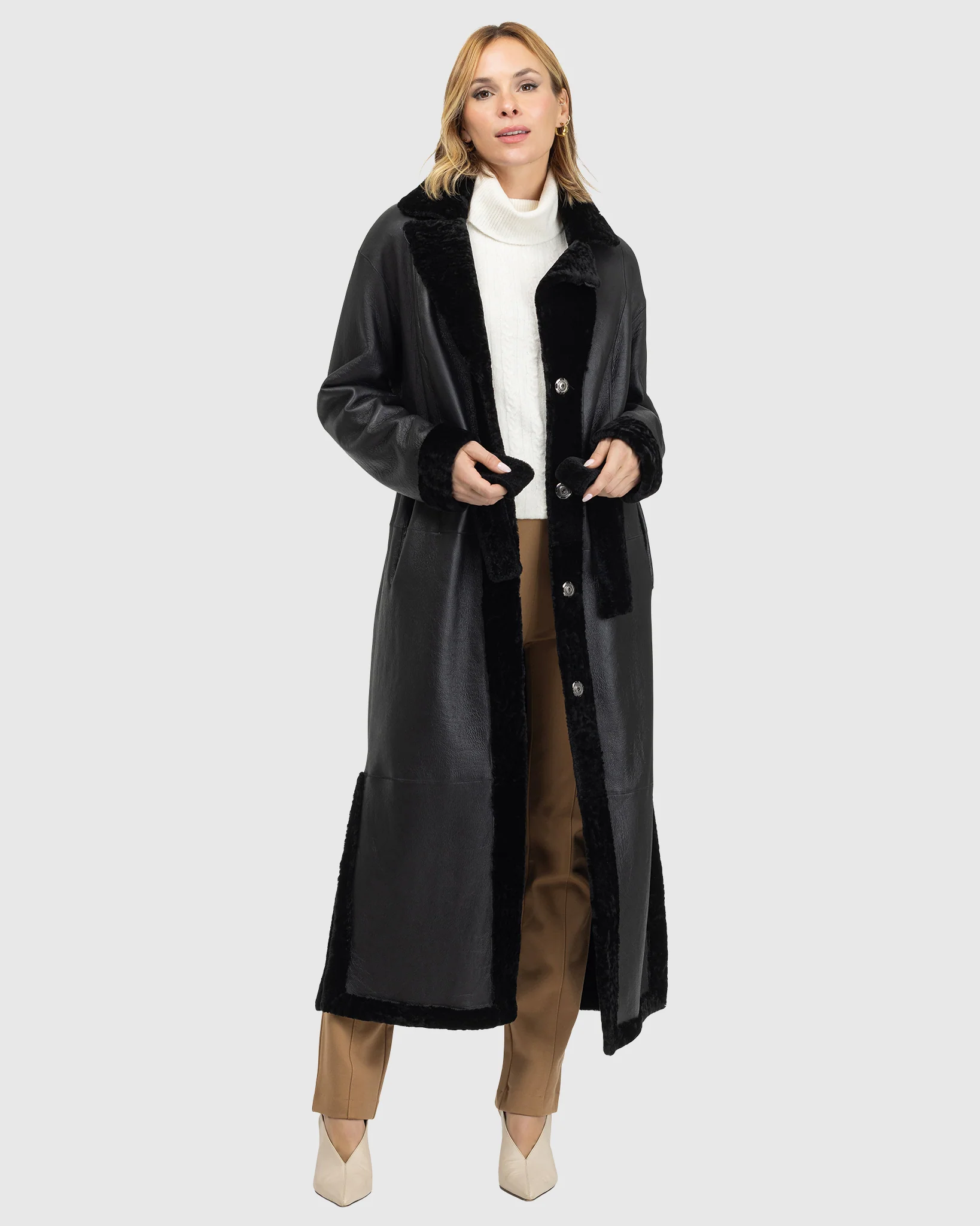 Reversible Select Shearling Lamb Coat With Side Slits And Belt - Image 9
