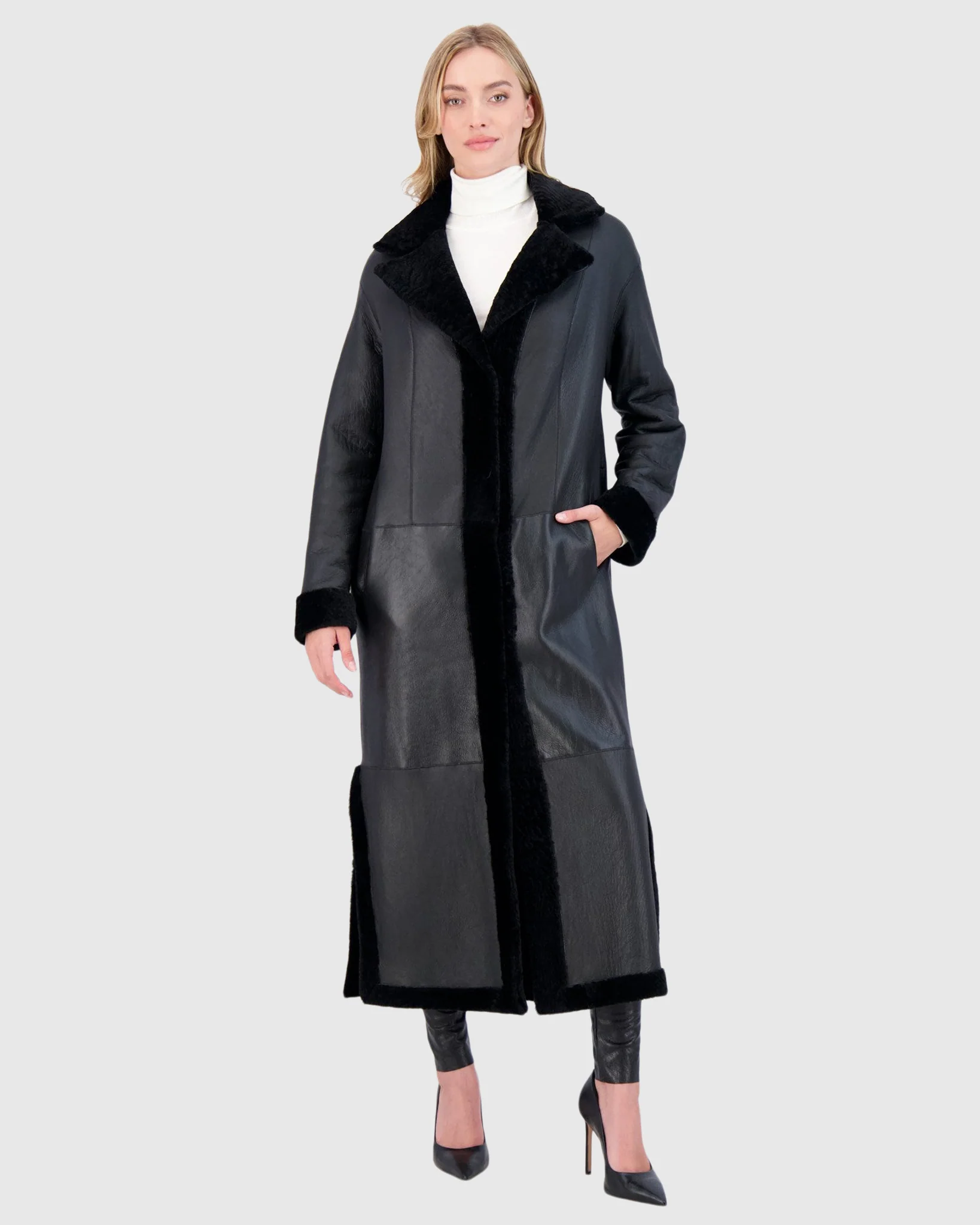 Reversible Select Shearling Lamb Coat With Side Slits And Belt - Image 11