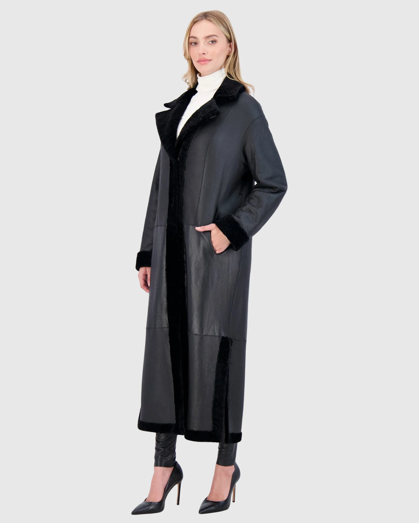 Reversible Select Shearling Lamb Coat With Side Slits And Belt - Image 12