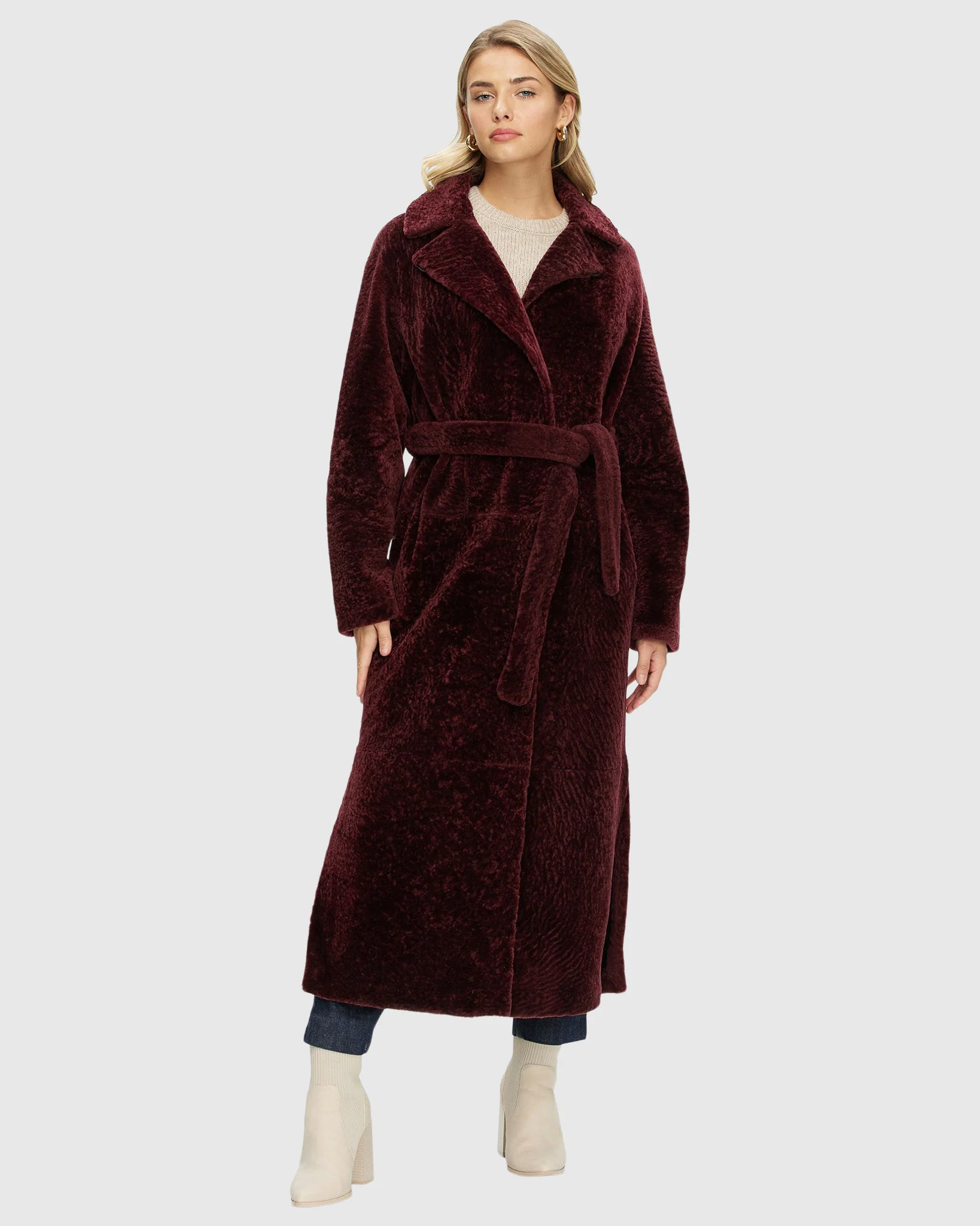 Reversible Select Shearling Lamb Coat With Side Slits And Belt - Image 5