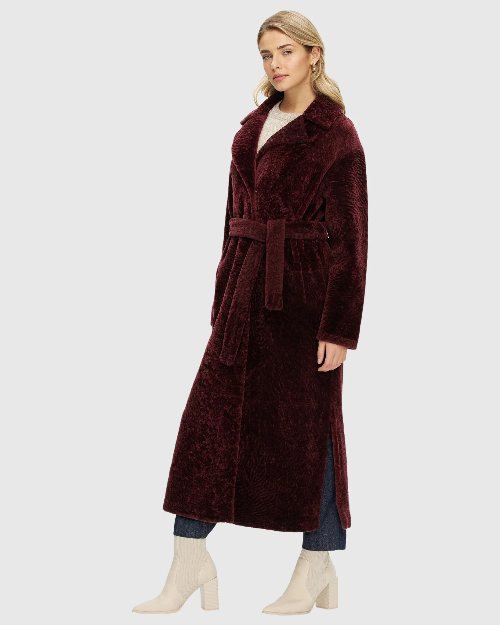 Reversible Select Shearling Lamb Coat With Side Slits And Belt - Image 8