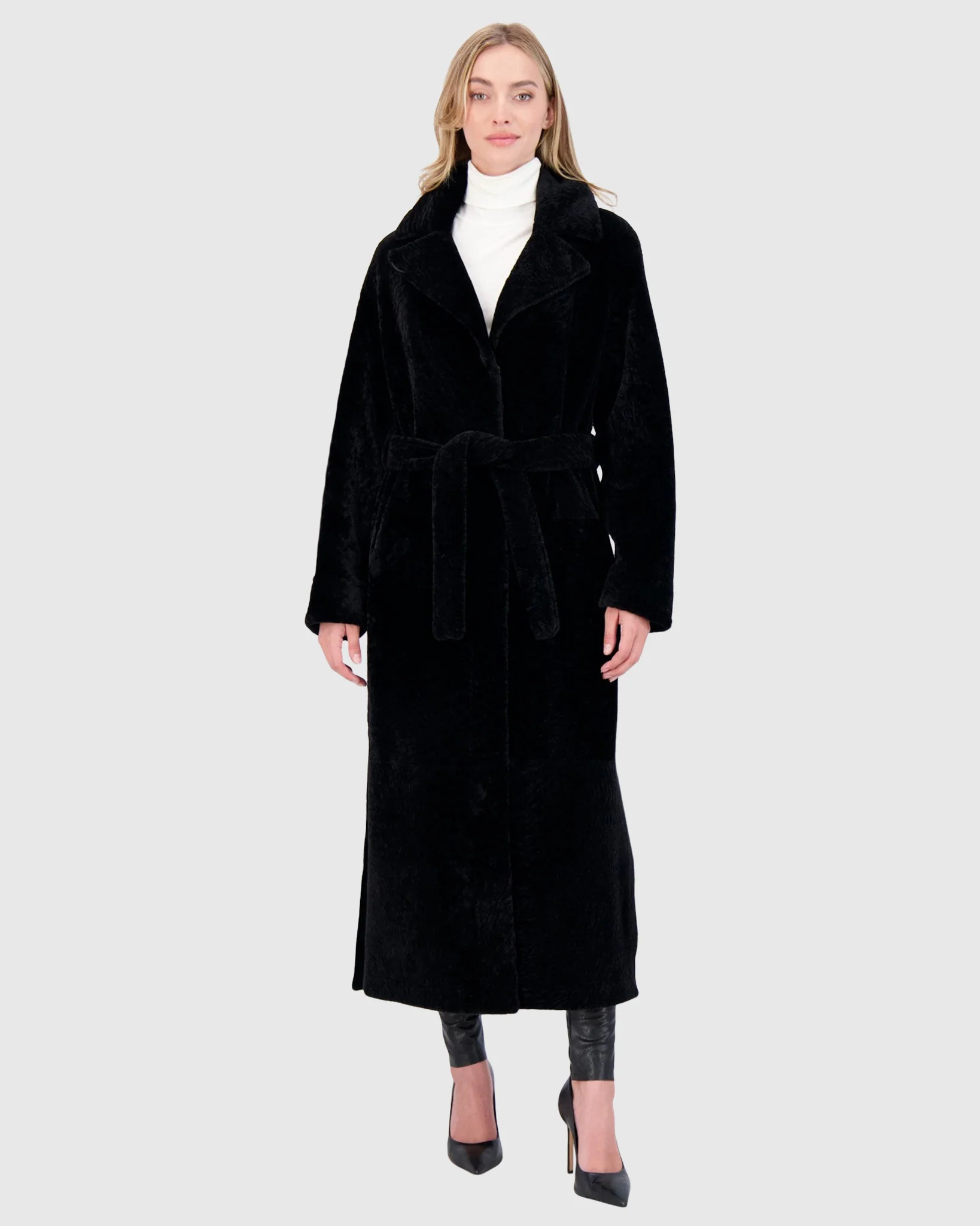 Reversible Select Shearling Lamb Coat With Side Slits And Belt - Image 9