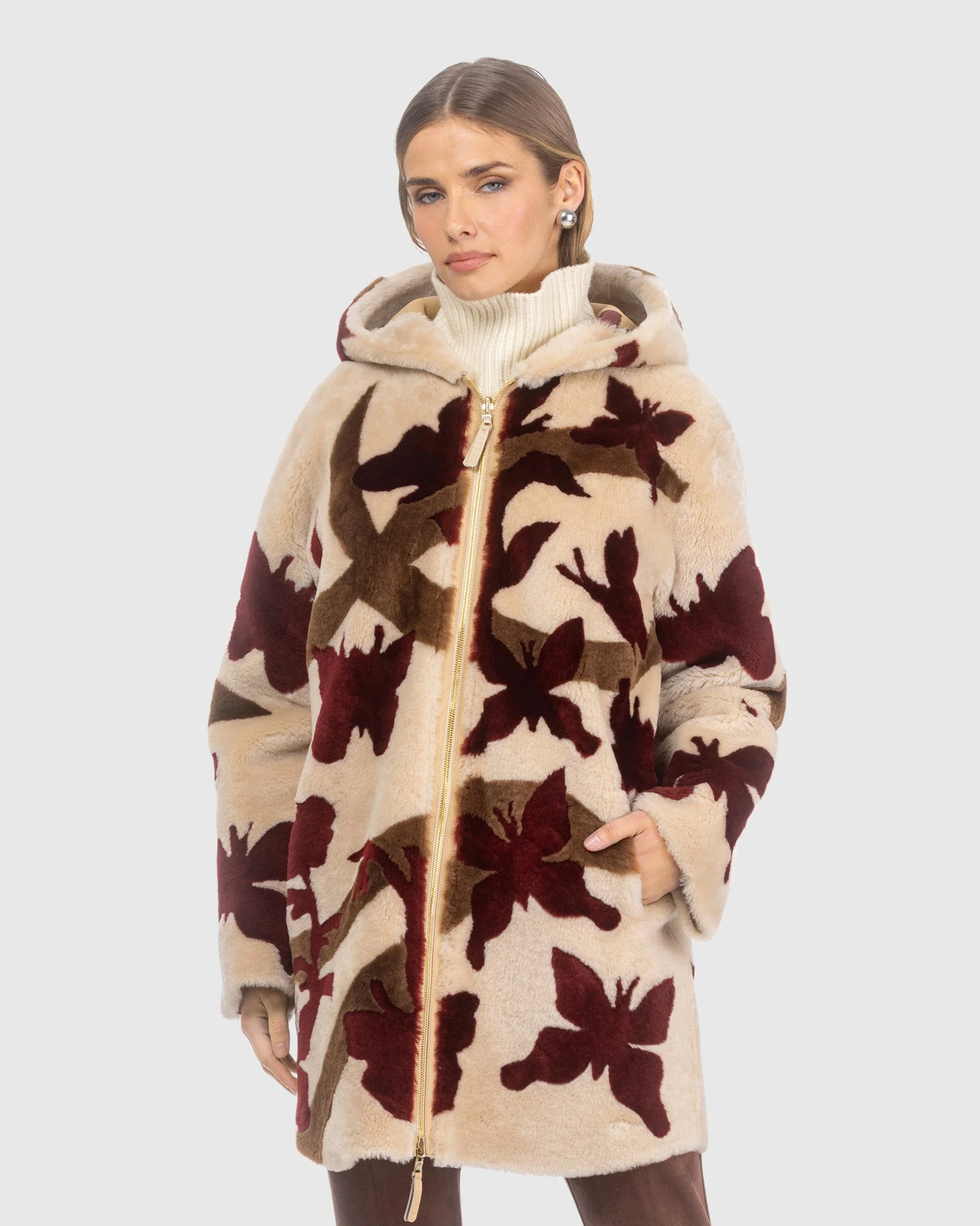 Reversible Shearling Lamb Parka With Butterfly Intarsia