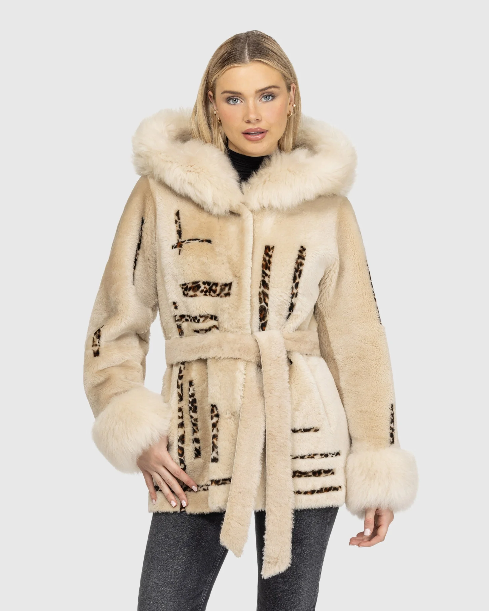 Reversible Shearling Lamb Jacket With Merinillo Shearling Lamb Hood Trim & Cuffs, Belt, Hood