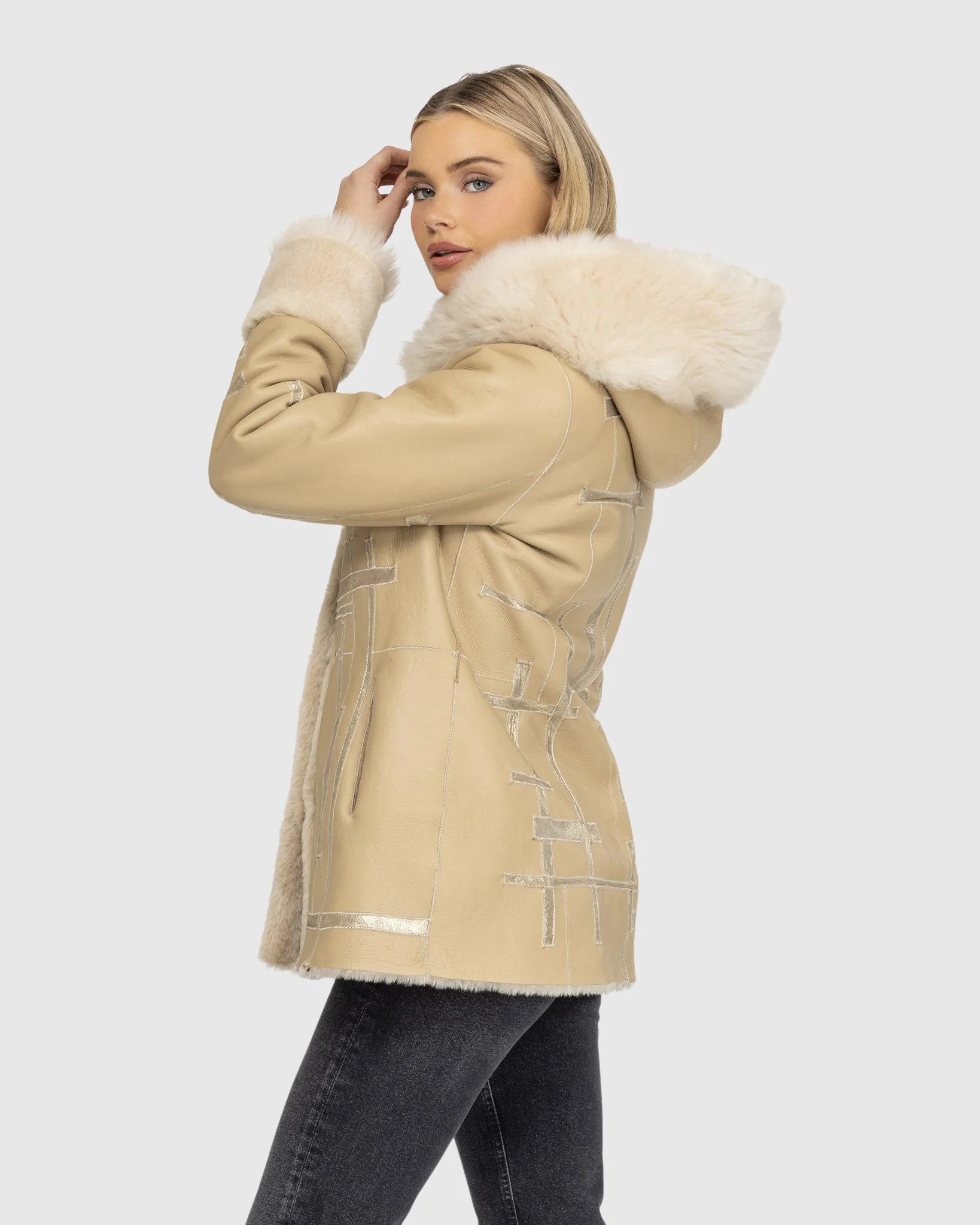 Reversible Shearling Lamb Jacket With Merinillo Shearling Lamb Hood Trim & Cuffs, Belt, Hood - Image 10