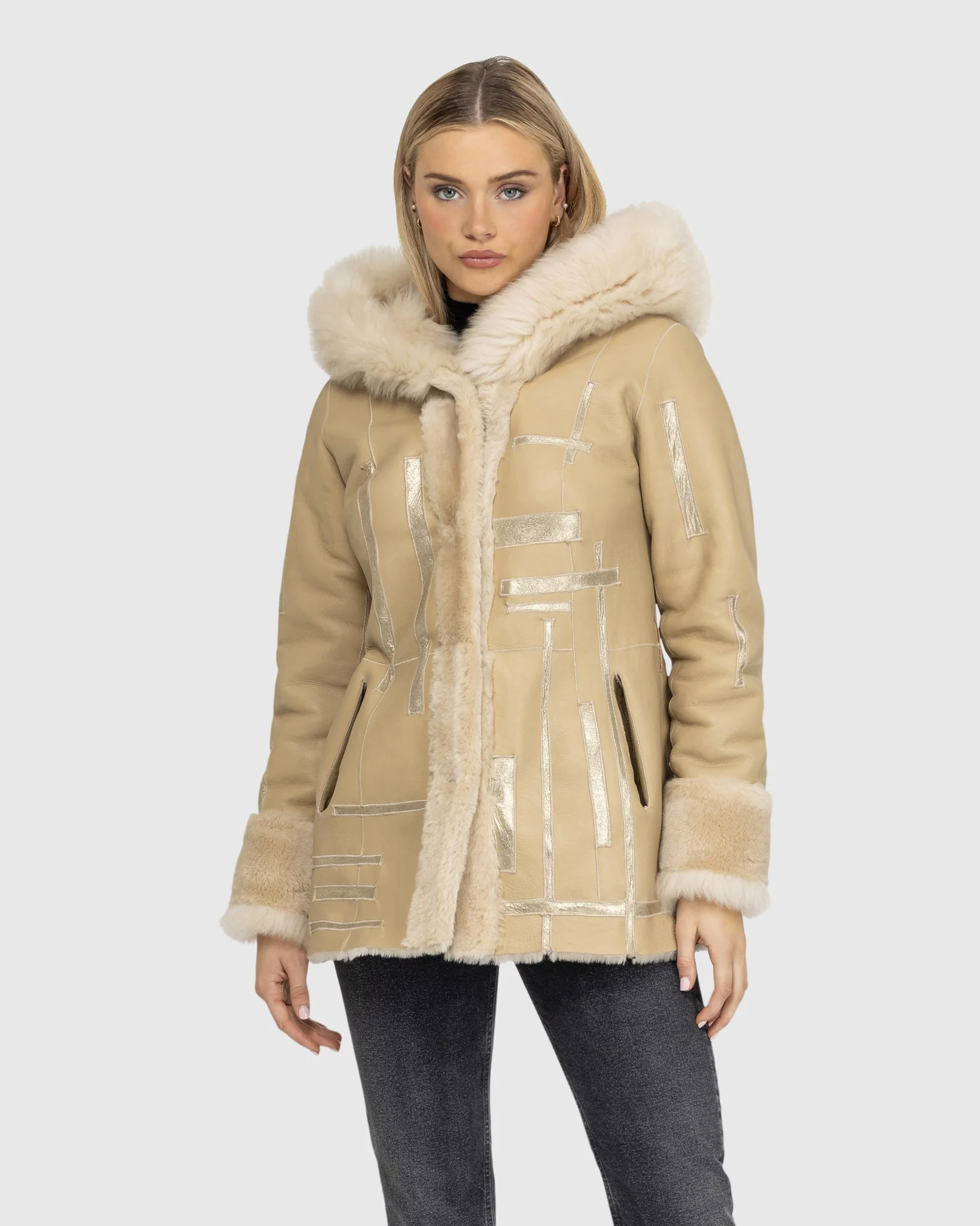 Reversible Shearling Lamb Jacket With Merinillo Shearling Lamb Hood Trim & Cuffs, Belt, Hood - Image 11