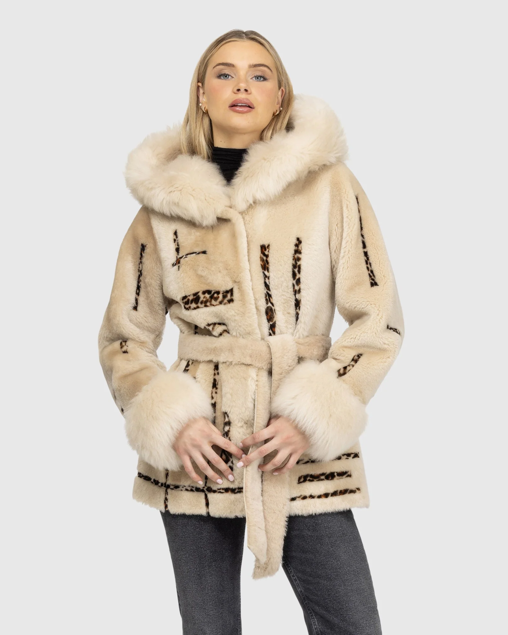 Reversible Shearling Lamb Jacket With Merinillo Shearling Lamb Hood Trim & Cuffs, Belt, Hood - Image 2