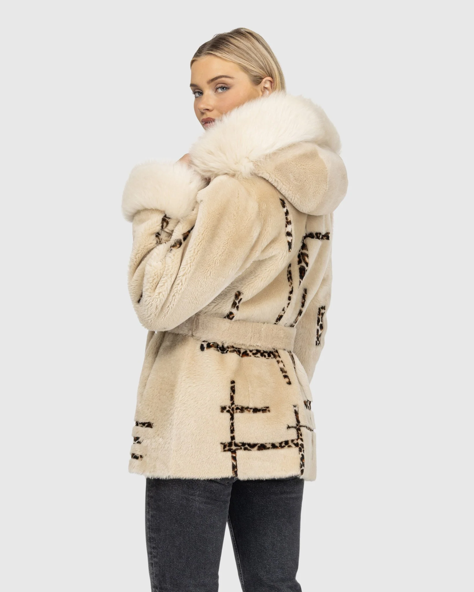 Reversible Shearling Lamb Jacket With Merinillo Shearling Lamb Hood Trim & Cuffs, Belt, Hood - Image 3