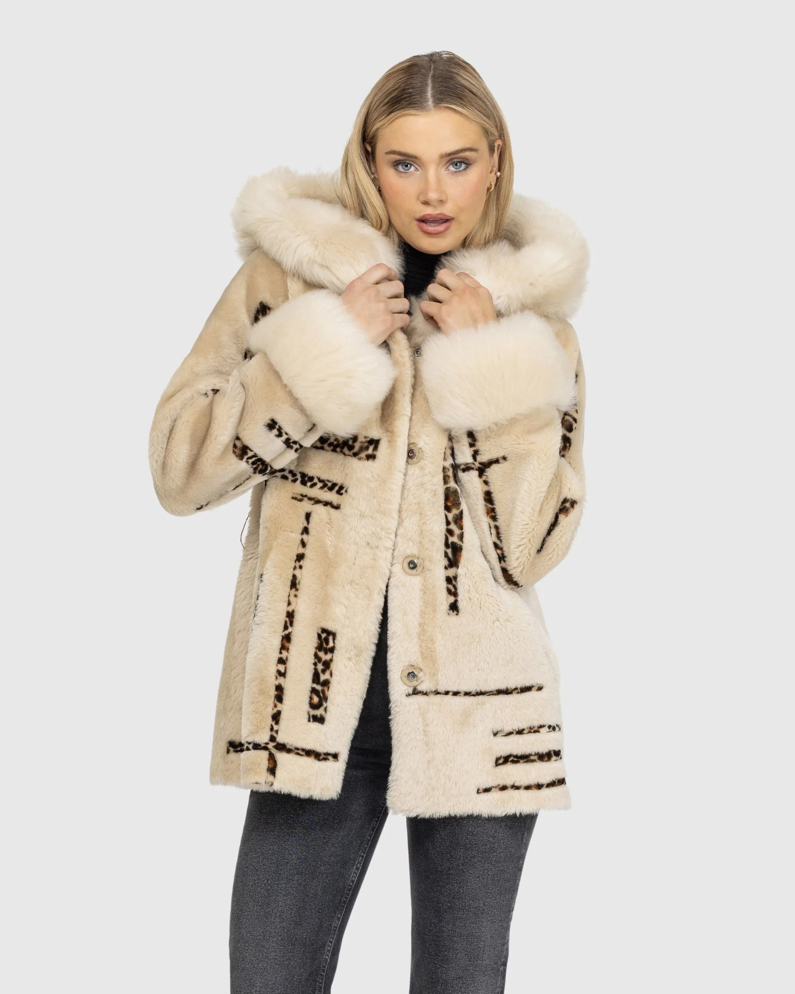 Reversible Shearling Lamb Jacket With Merinillo Shearling Lamb Hood Trim & Cuffs, Belt, Hood - Image 6