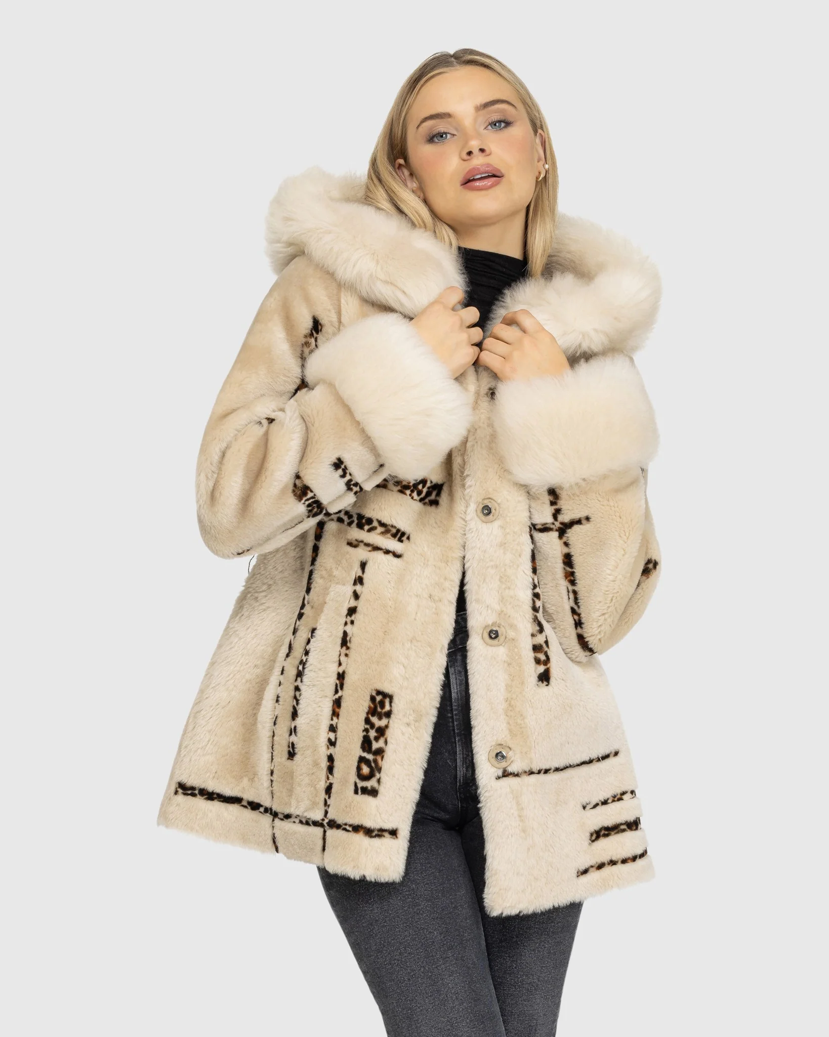 Reversible Shearling Lamb Jacket With Merinillo Shearling Lamb Hood Trim & Cuffs, Belt, Hood - Image 7