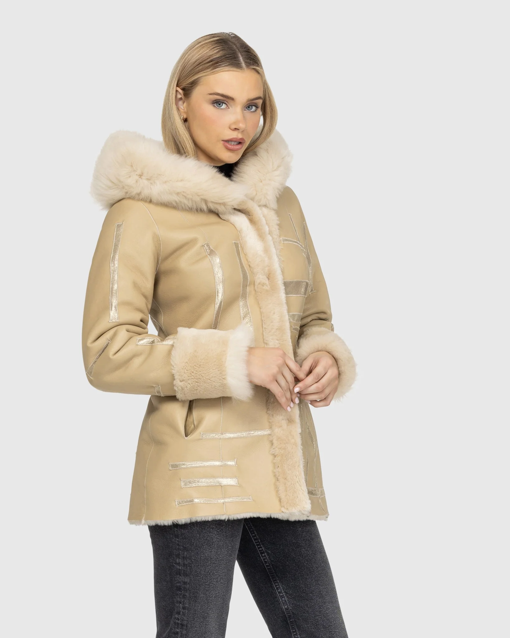 Reversible Shearling Lamb Jacket With Merinillo Shearling Lamb Hood Trim & Cuffs, Belt, Hood - Image 8