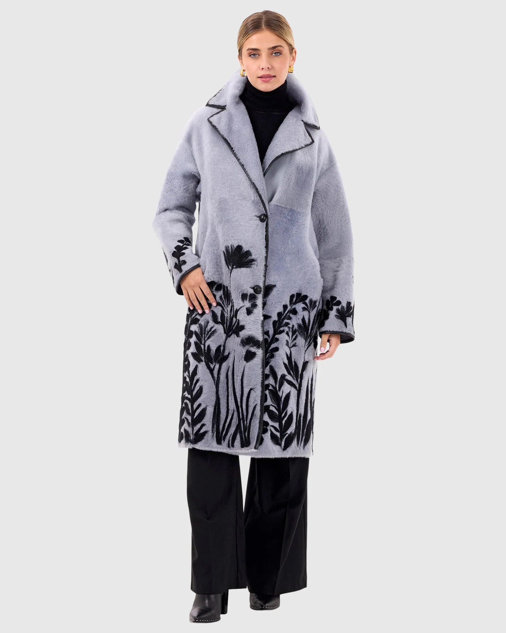 REVERSIBLE SHEARLING LAMB SHORT COAT WITH FLORAL EMBROIDERY