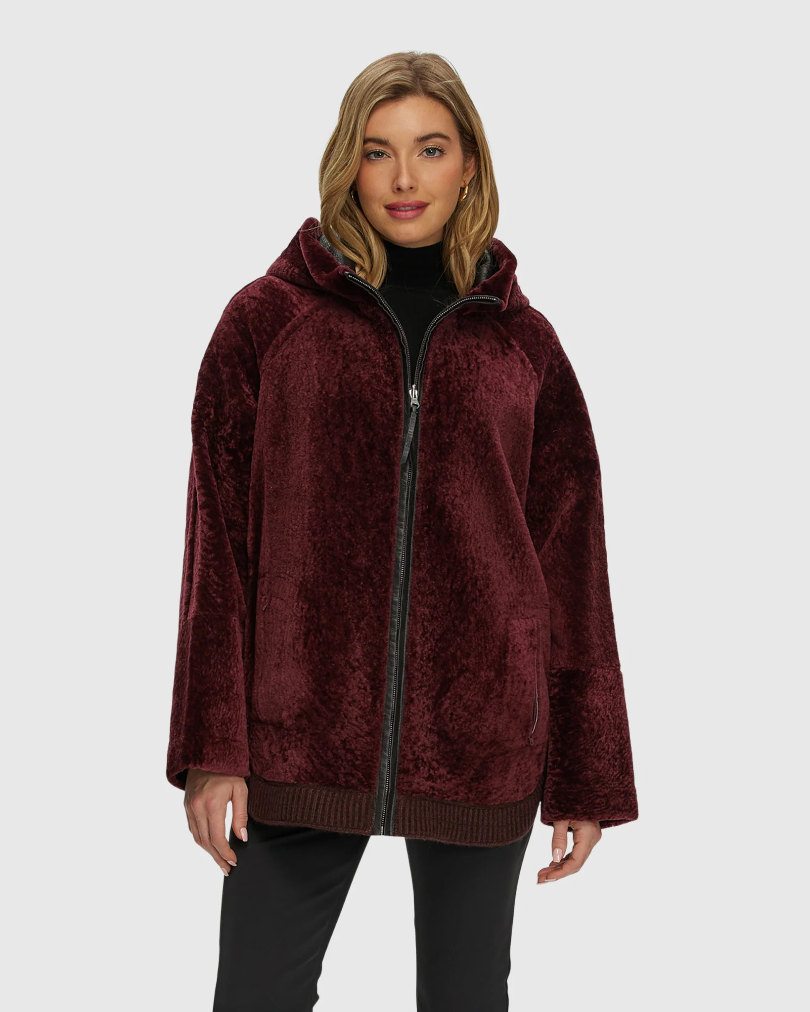 Reversible Select Shearling Lamb Zip Jacket With Ribbed Hem, Hood
