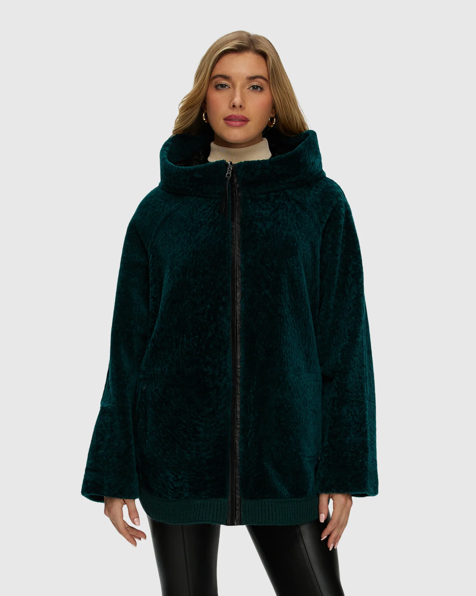 Reversible Select Shearling Lamb Zip Jacket With Ribbed Hem, Hood - Image 10