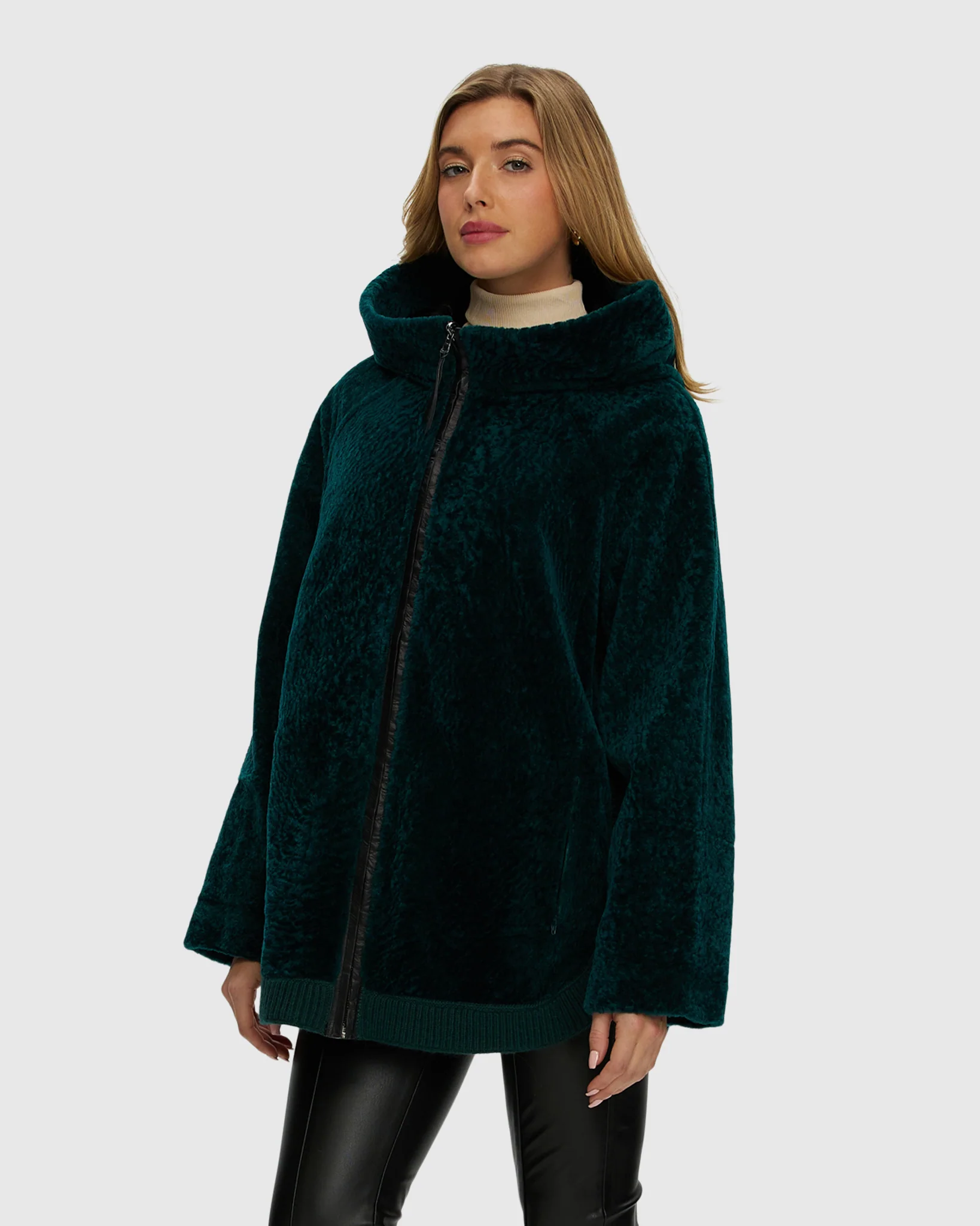 Reversible Select Shearling Lamb Zip Jacket With Ribbed Hem, Hood - Image 11