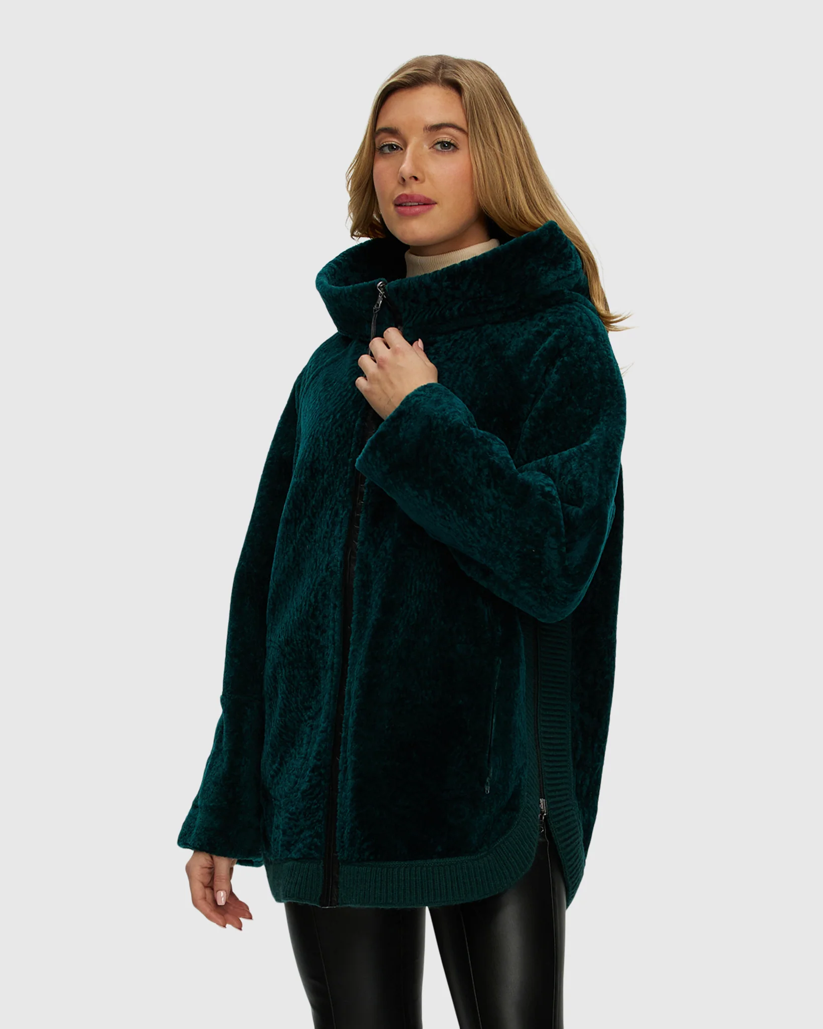 Reversible Select Shearling Lamb Zip Jacket With Ribbed Hem, Hood - Image 12