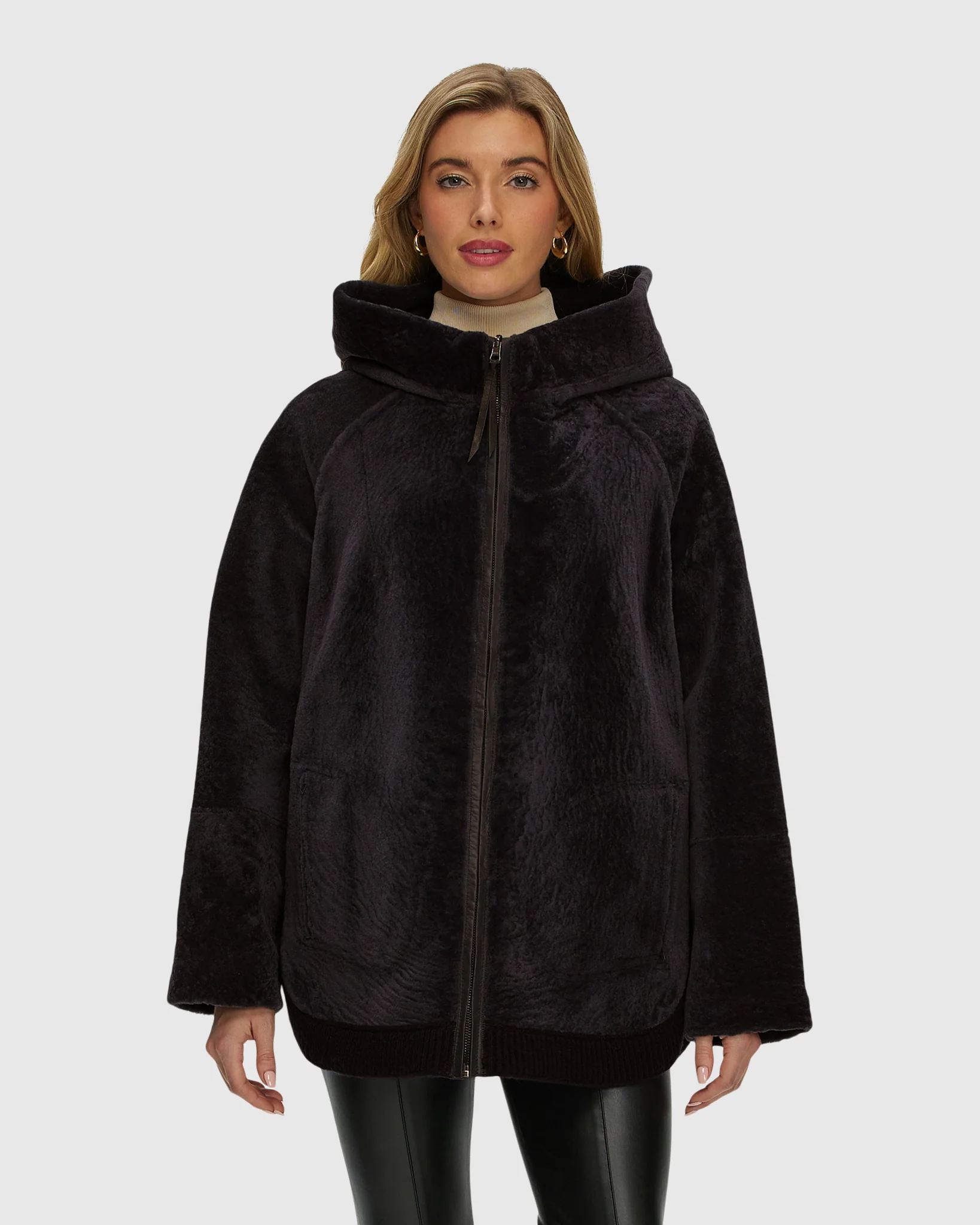 Reversible Select Shearling Lamb Zip Jacket With Ribbed Hem, Hood - Image 16
