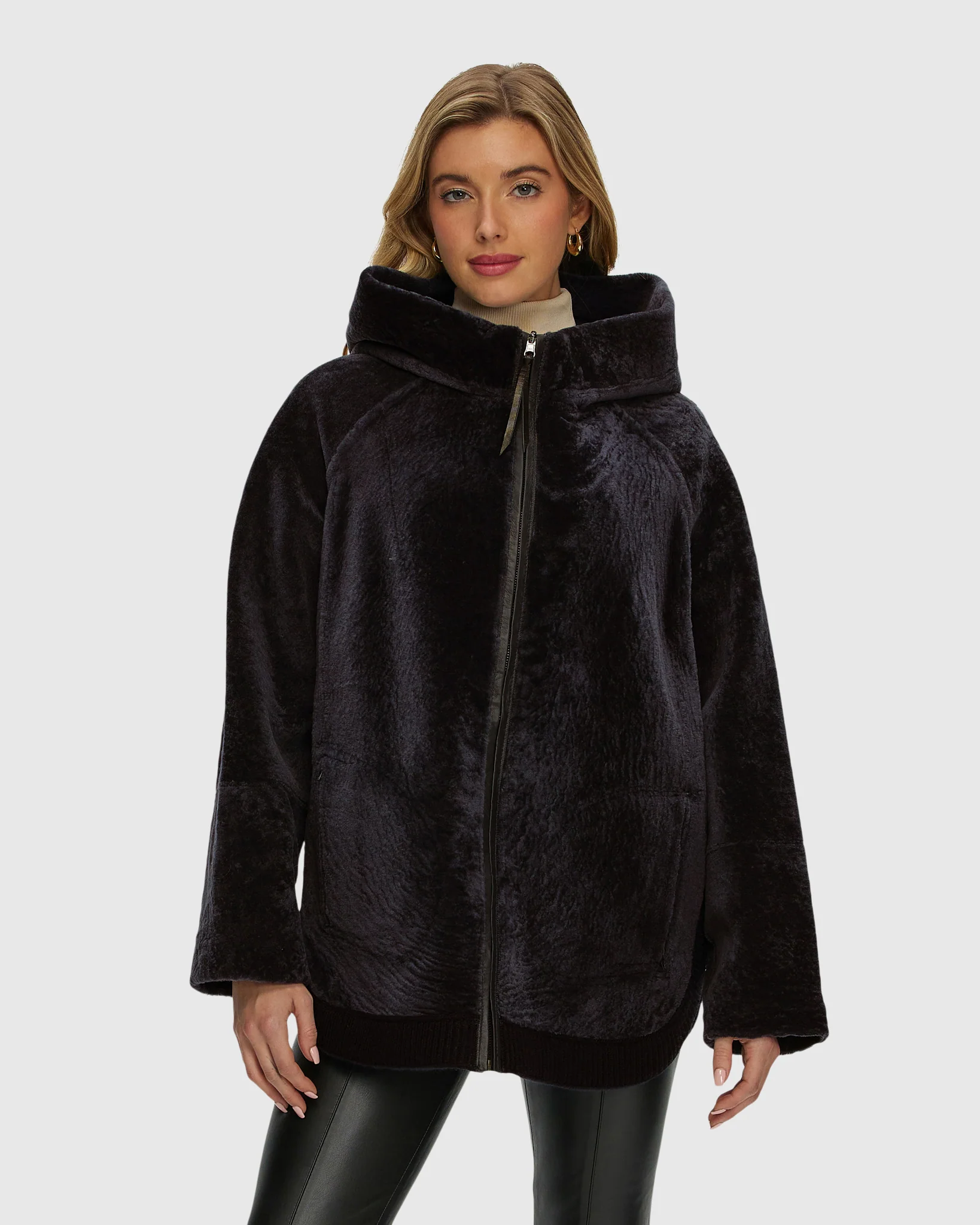 Reversible Select Shearling Lamb Zip Jacket With Ribbed Hem, Hood - Image 17