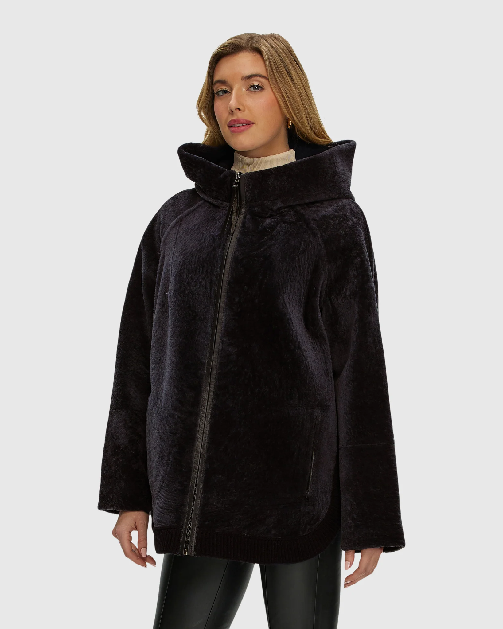 Reversible Select Shearling Lamb Zip Jacket With Ribbed Hem, Hood - Image 18
