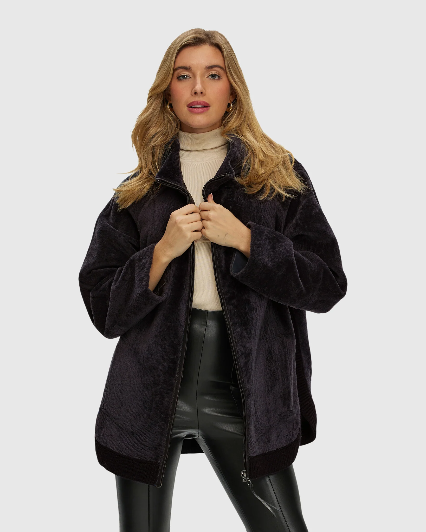 Reversible Select Shearling Lamb Zip Jacket With Ribbed Hem, Hood - Image 20