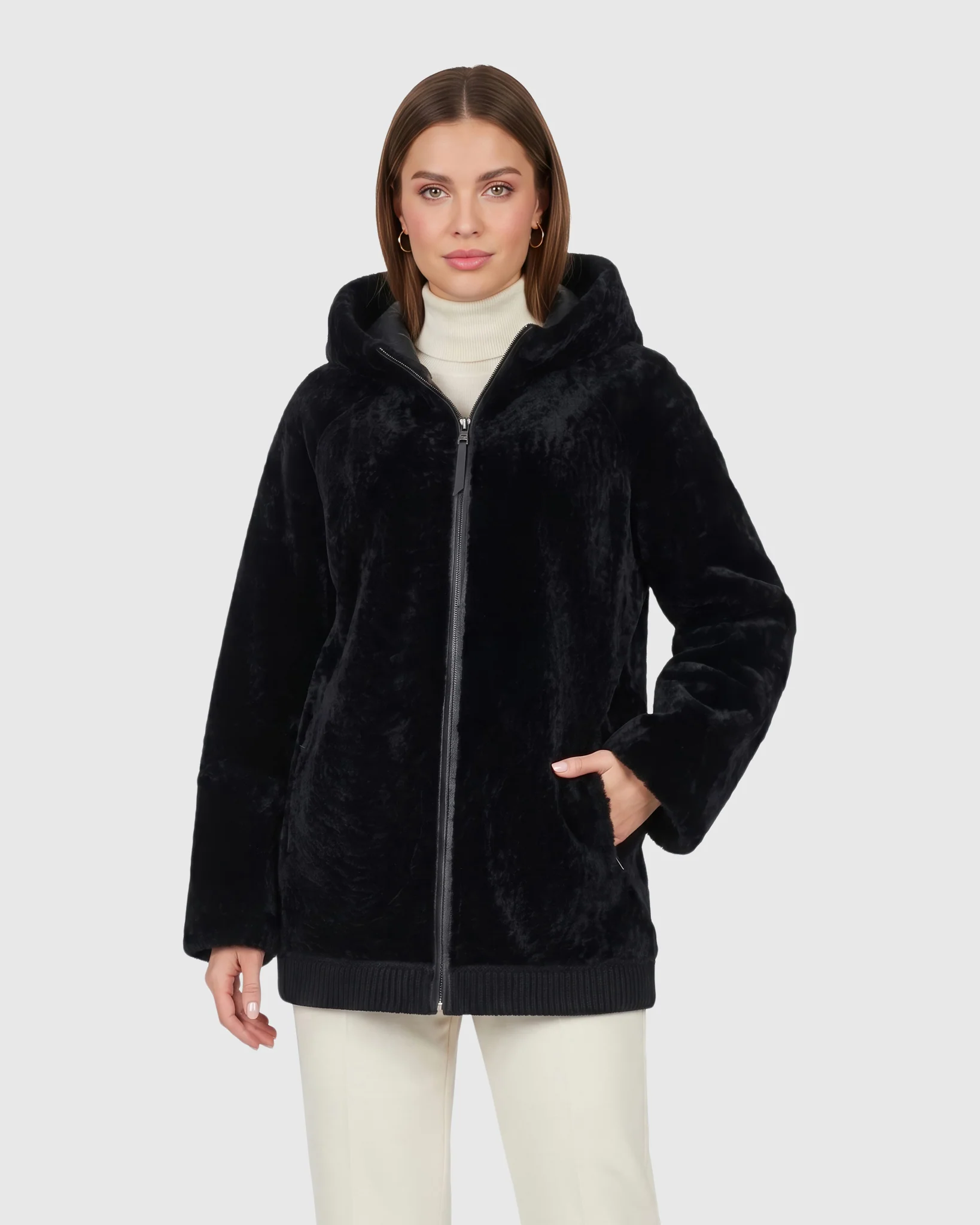 Reversible Select Shearling Lamb Zip Jacket With Ribbed Hem, Hood - Image 21