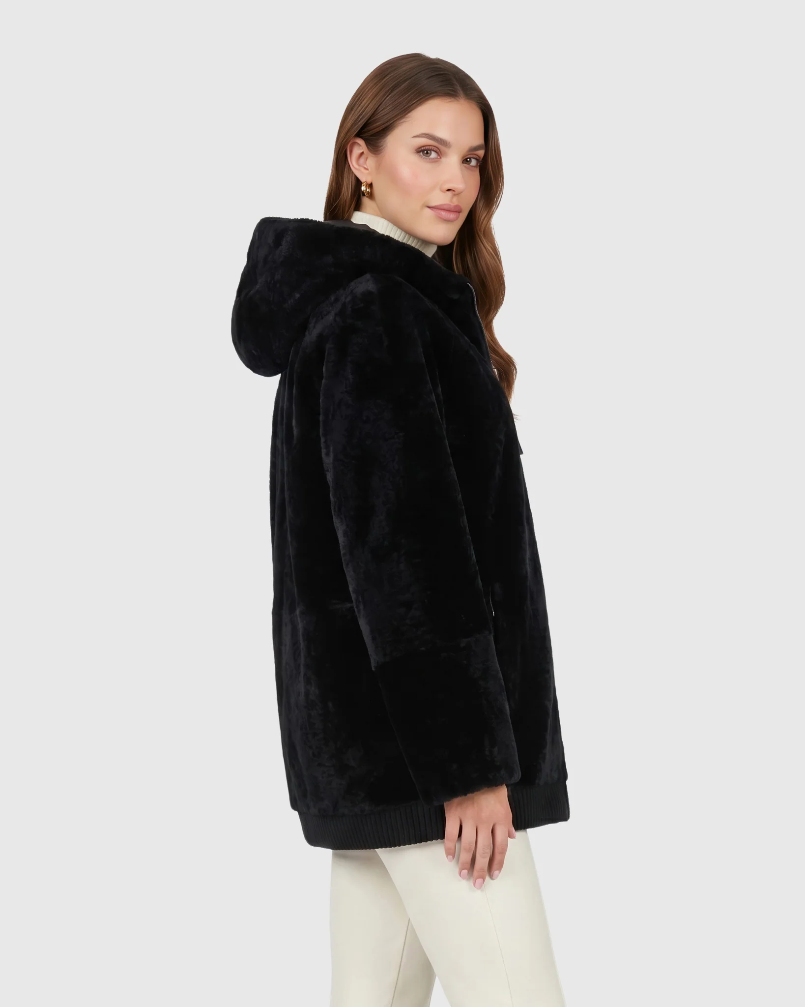 Reversible Select Shearling Lamb Zip Jacket With Ribbed Hem, Hood - Image 22
