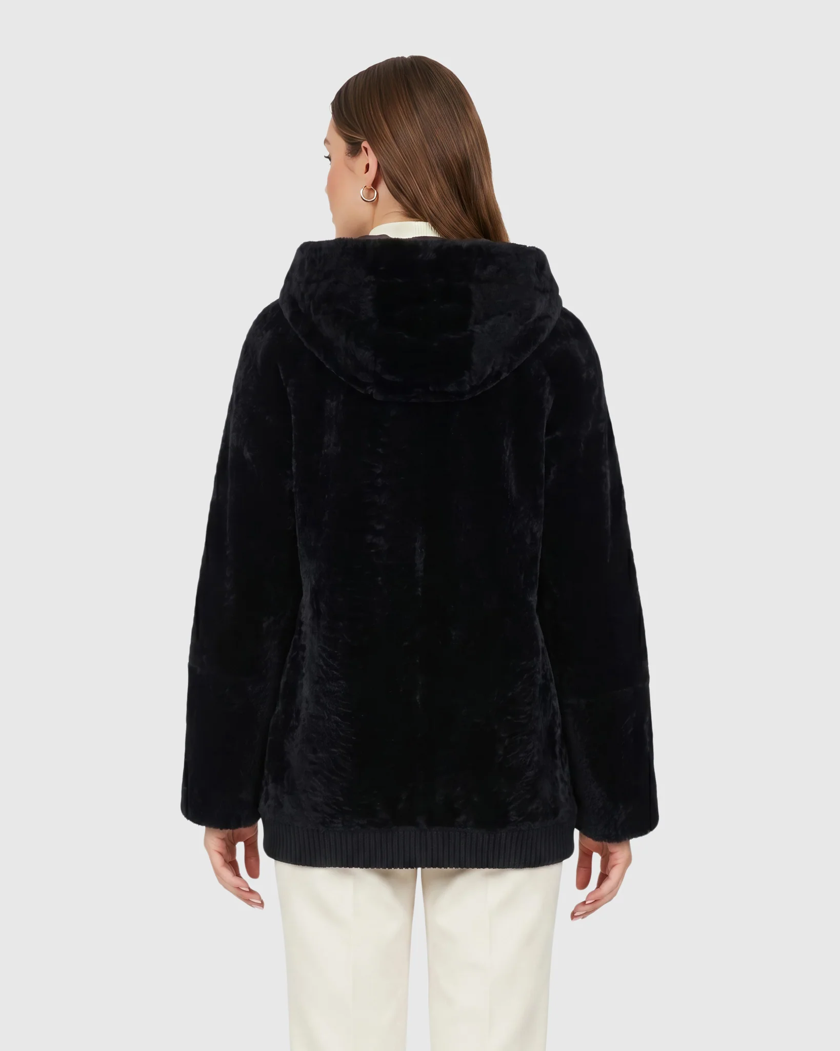 Reversible Select Shearling Lamb Zip Jacket With Ribbed Hem, Hood - Image 23