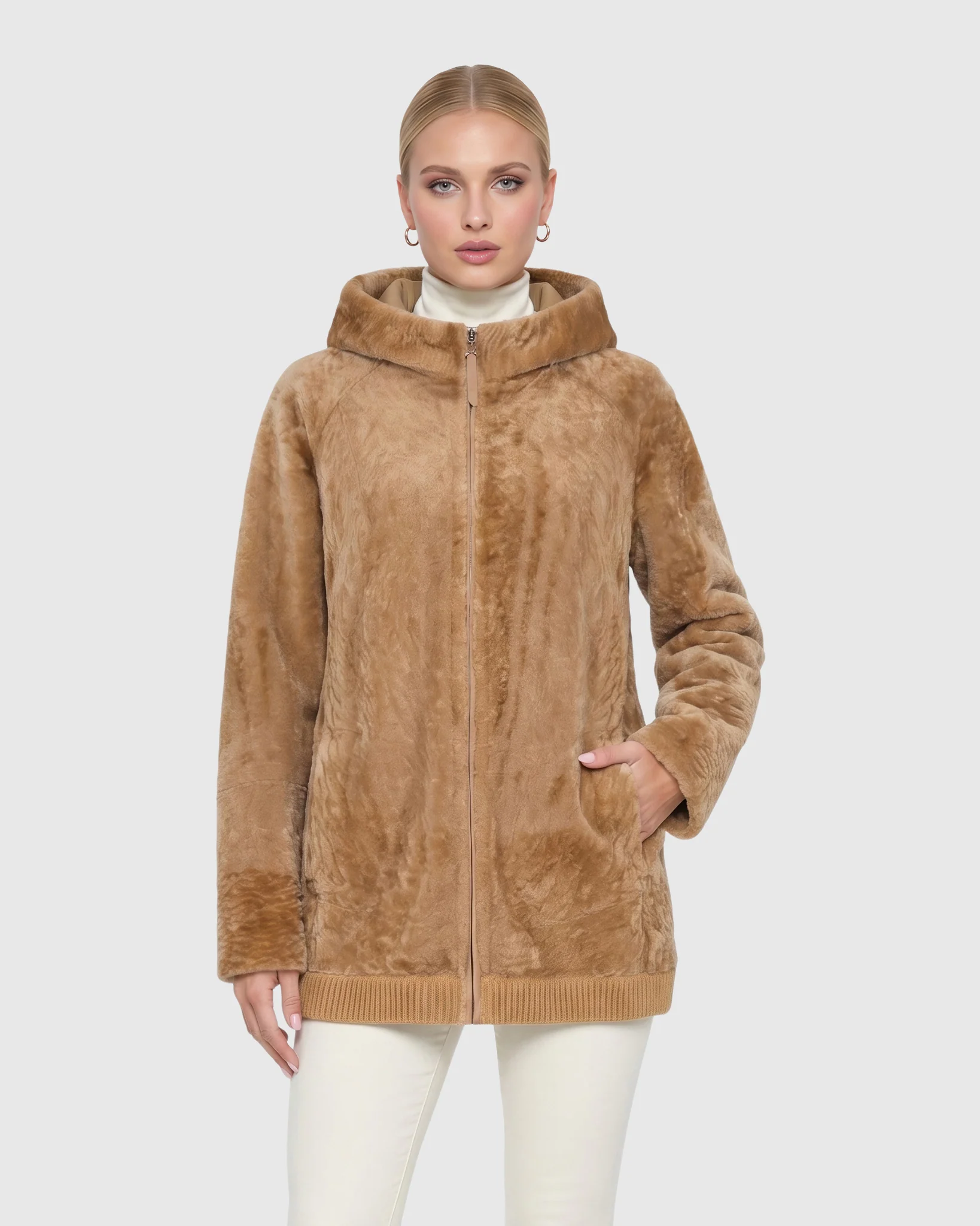 Reversible Select Shearling Lamb Zip Jacket With Ribbed Hem, Hood - Image 24