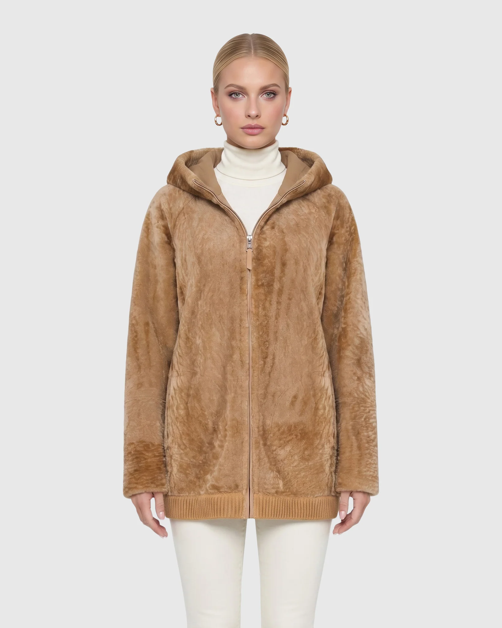 Reversible Select Shearling Lamb Zip Jacket With Ribbed Hem, Hood - Image 25