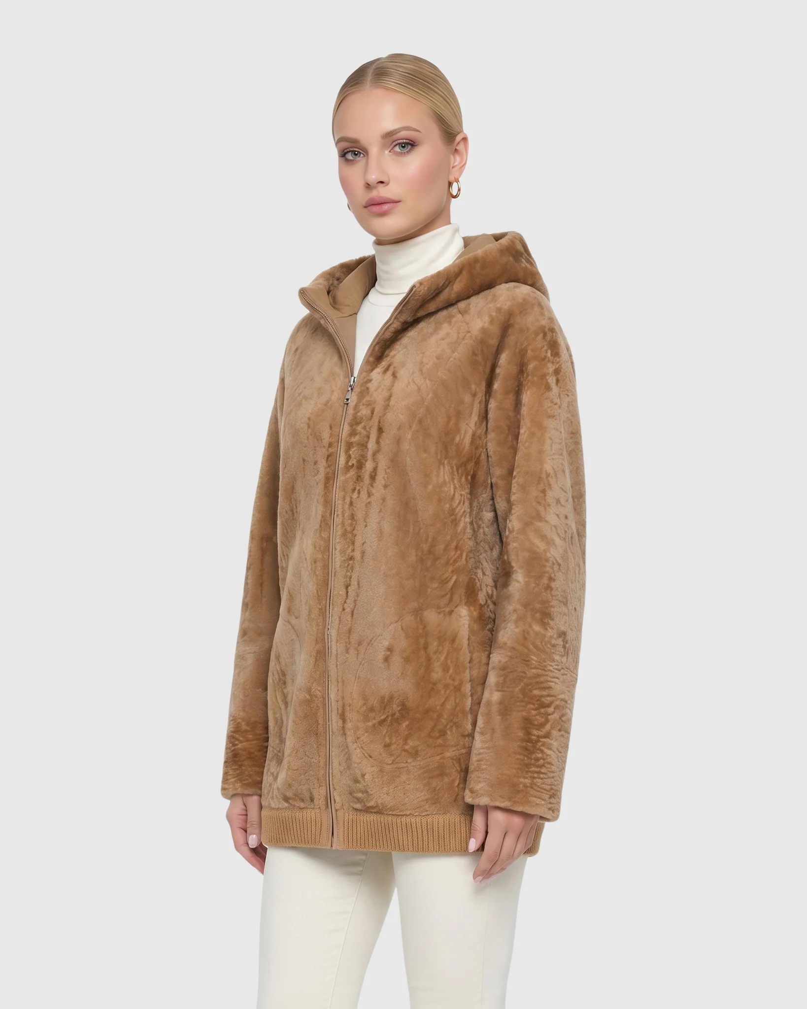 Reversible Select Shearling Lamb Zip Jacket With Ribbed Hem, Hood - Image 26