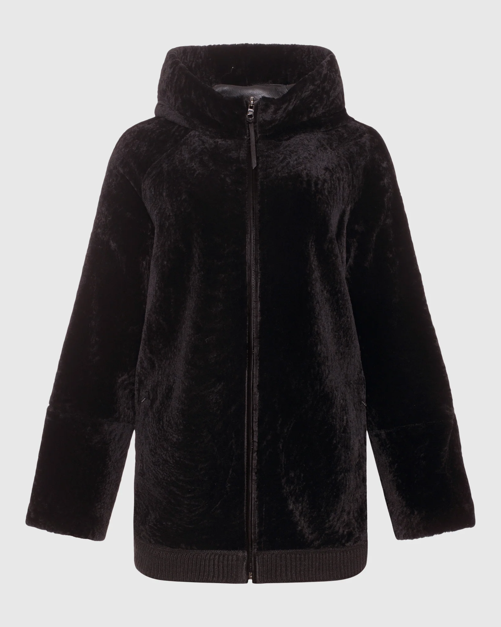 Reversible Select Shearling Lamb Zip Jacket With Ribbed Hem, Hood - Image 28
