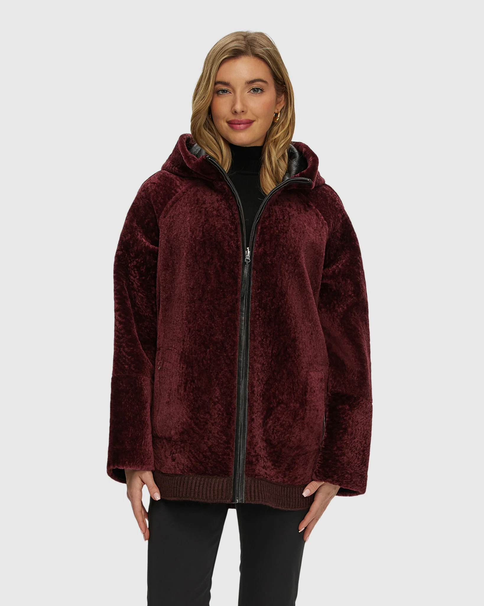 Reversible Select Shearling Lamb Zip Jacket With Ribbed Hem, Hood - Image 3