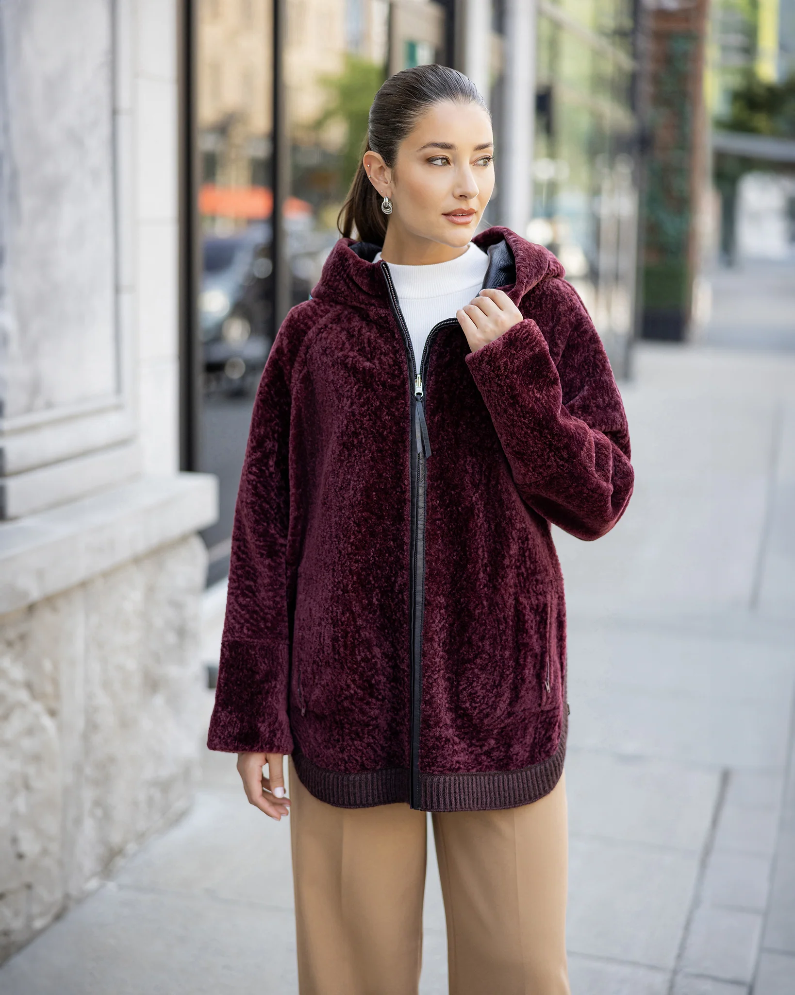 Reversible Select Shearling Lamb Zip Jacket With Ribbed Hem, Hood - Image 6
