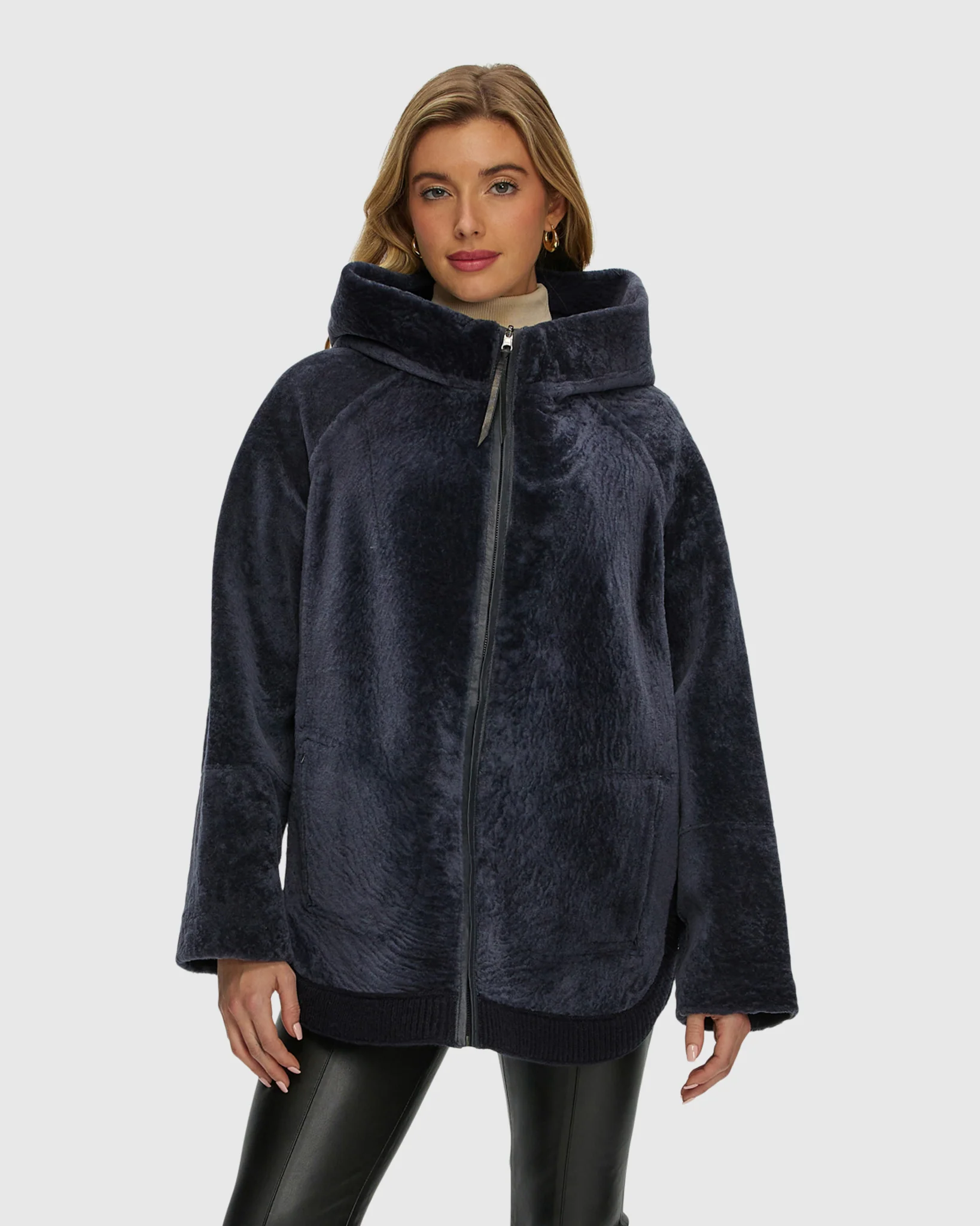 Reversible Select Shearling Lamb Zip Jacket With Ribbed Hem, Hood - Image 7