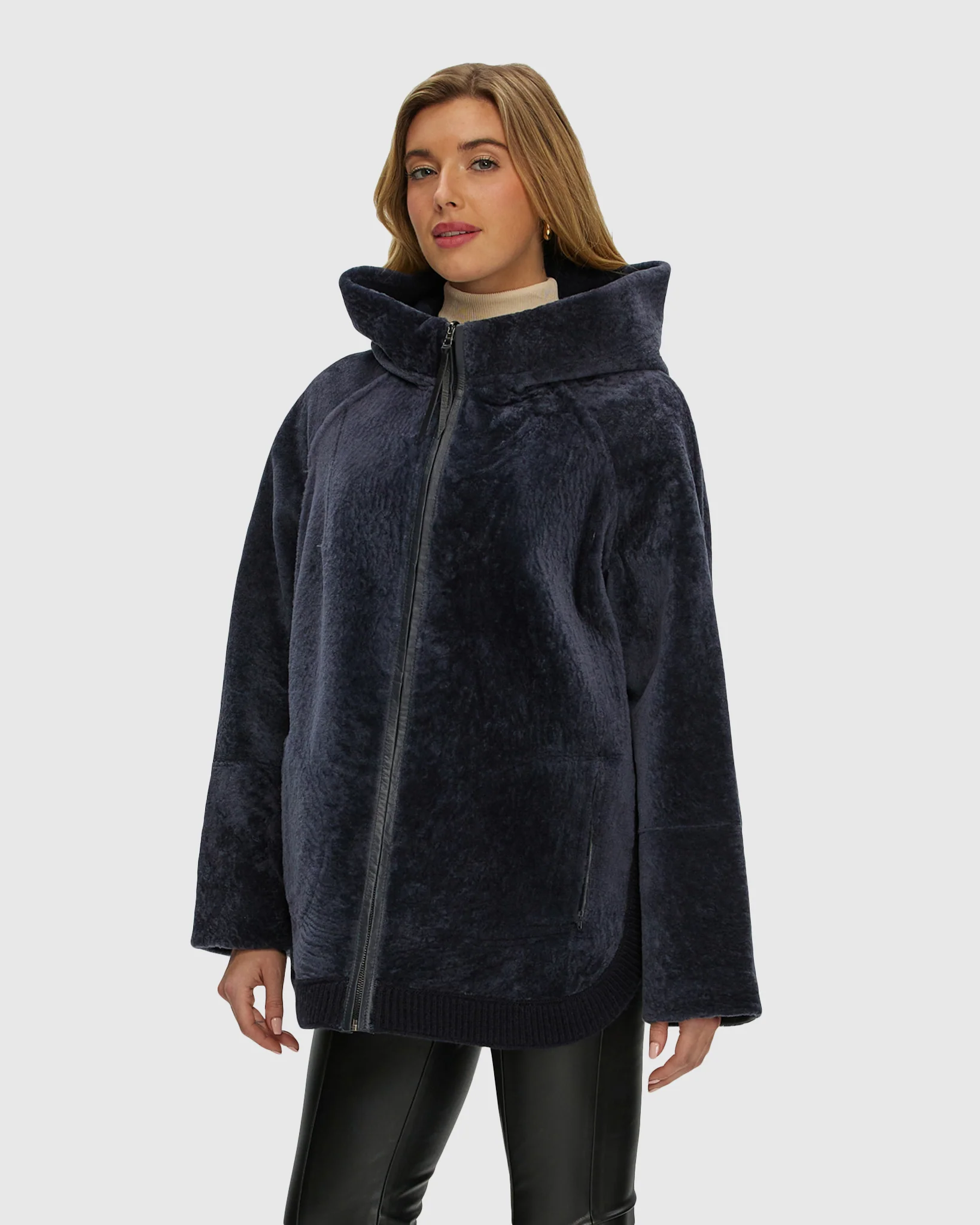 Reversible Select Shearling Lamb Zip Jacket With Ribbed Hem, Hood - Image 8