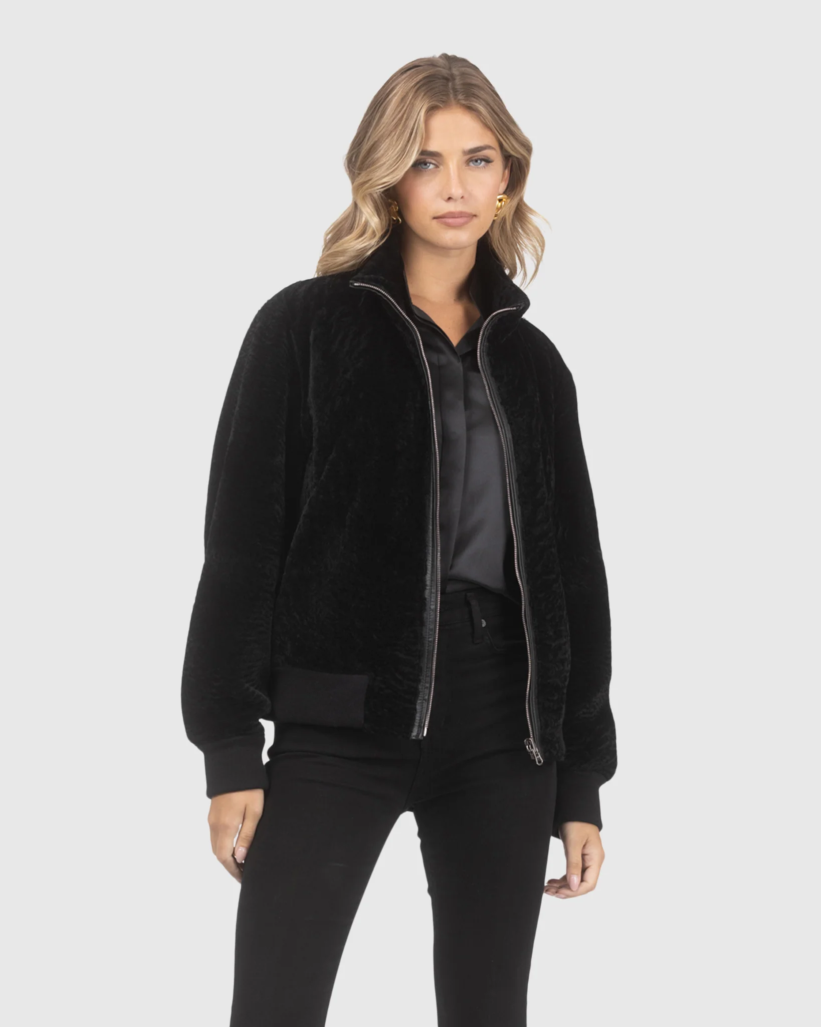 Reversible Textured Shearling Lamb Bomber Jacket