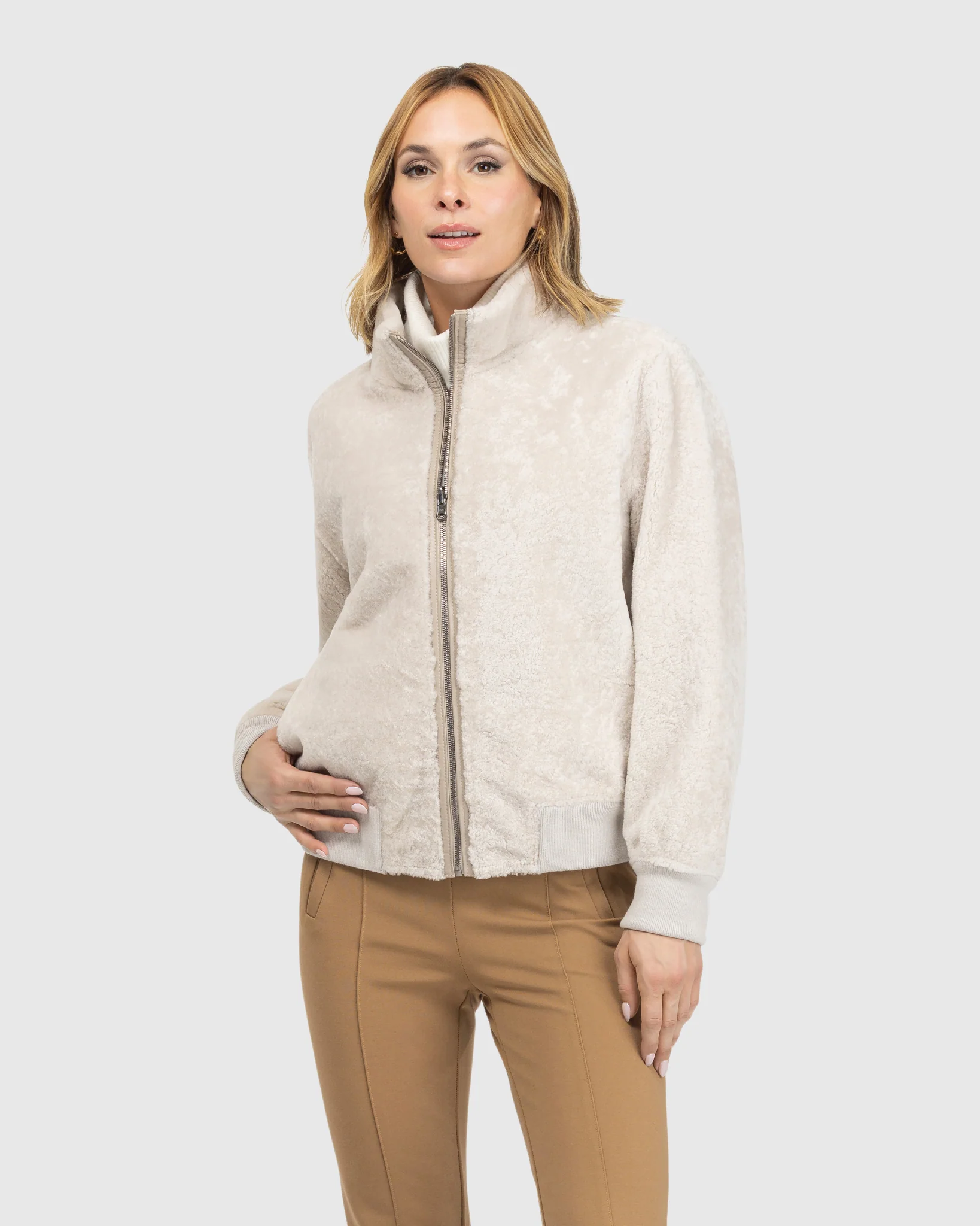 Reversible Textured Shearling Lamb Bomber Jacket - Image 11