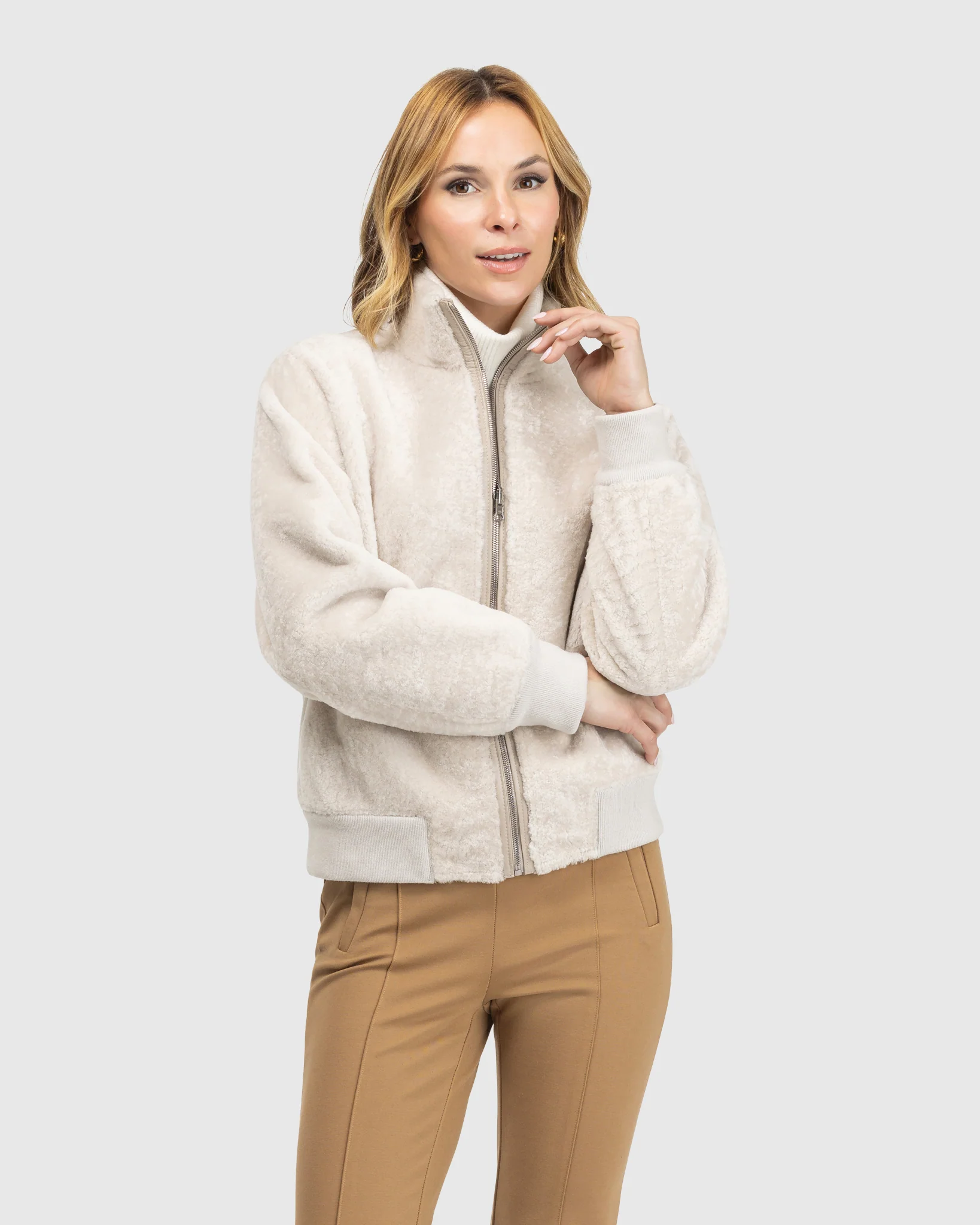 Reversible Textured Shearling Lamb Bomber Jacket - Image 12