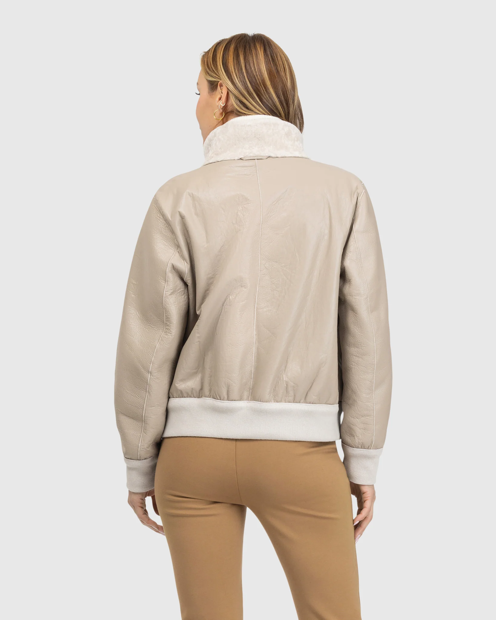 Reversible Textured Shearling Lamb Bomber Jacket - Image 13