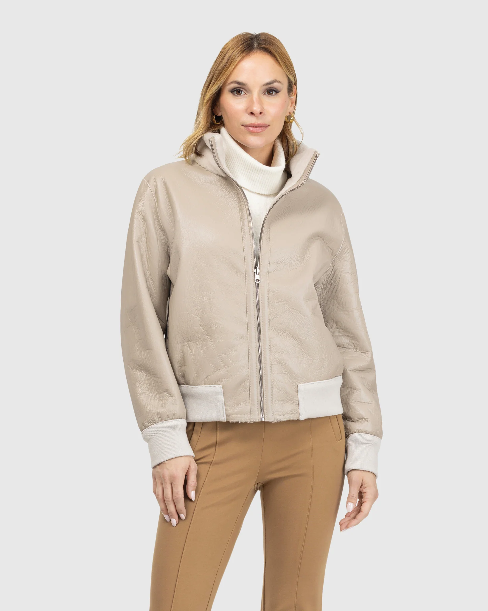 Reversible Textured Shearling Lamb Bomber Jacket - Image 14