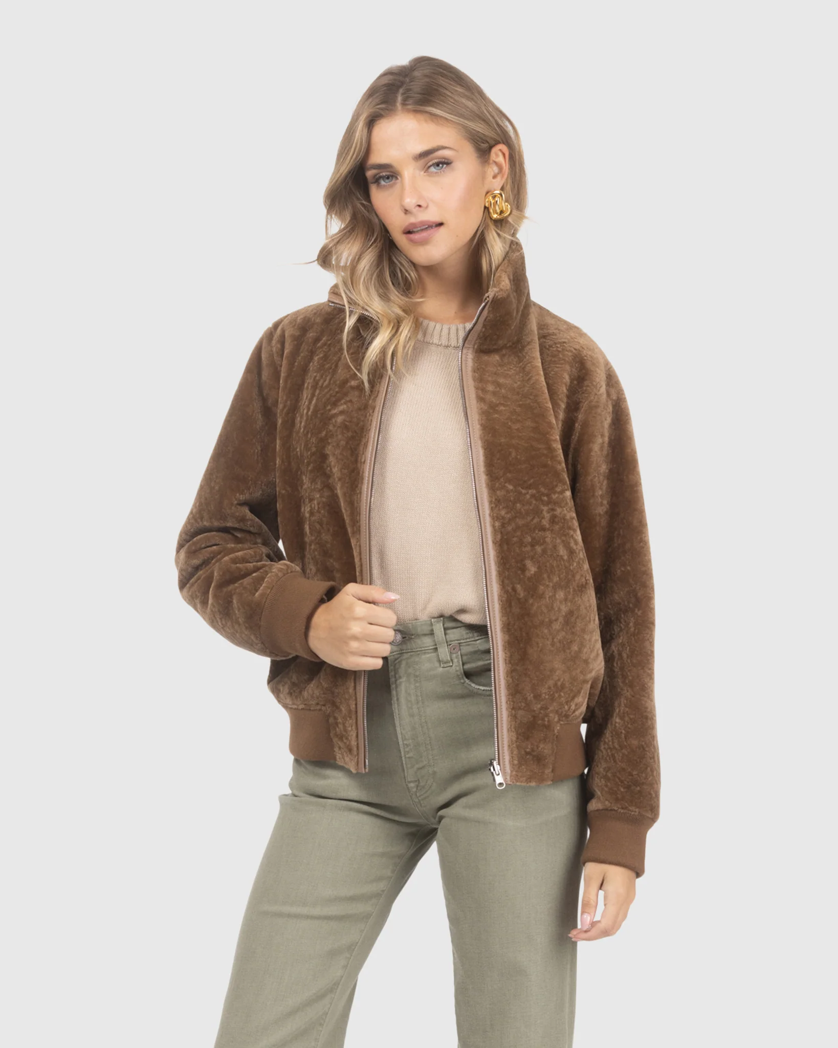Reversible Textured Shearling Lamb Bomber Jacket - Image 16