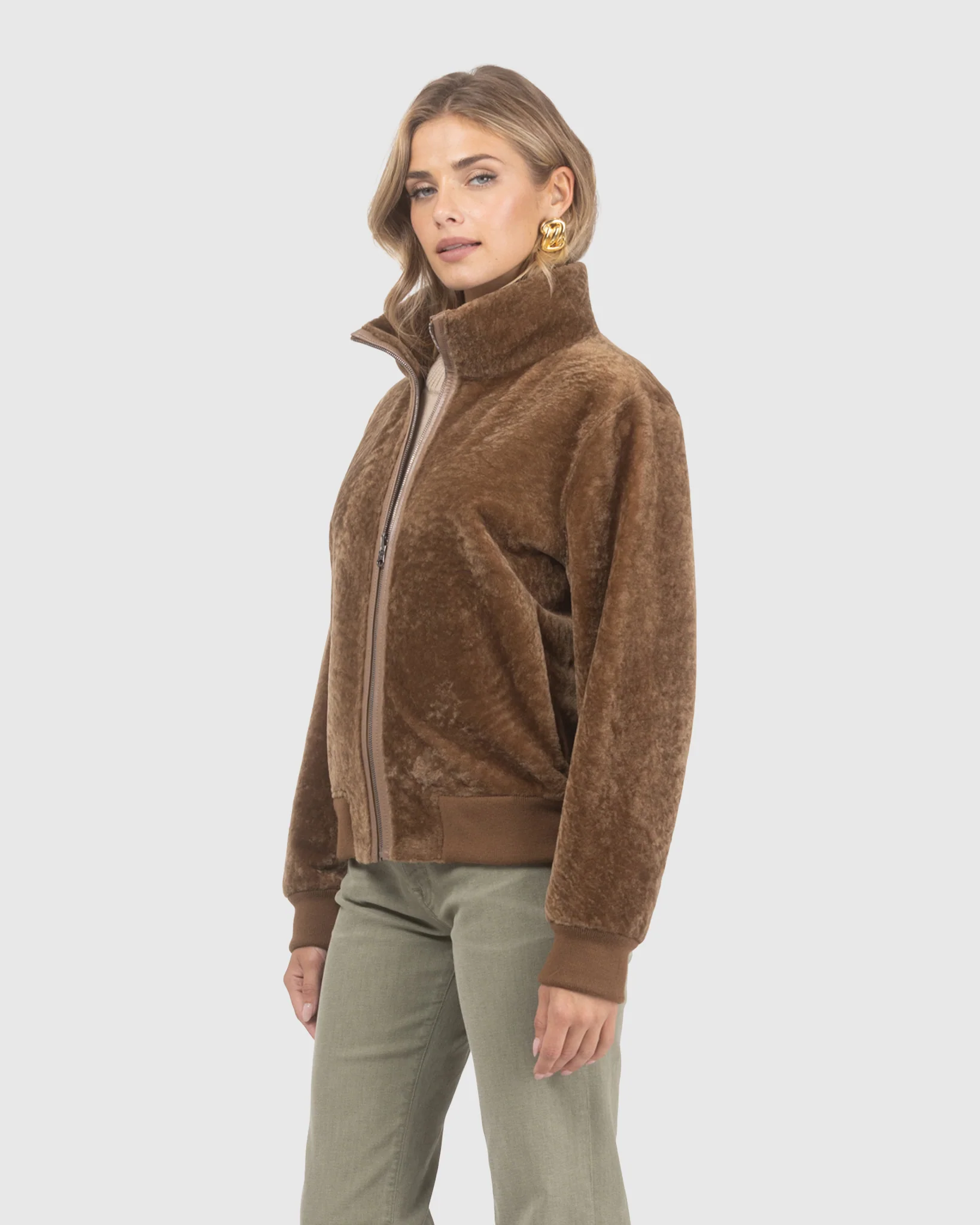 Reversible Textured Shearling Lamb Bomber Jacket - Image 17