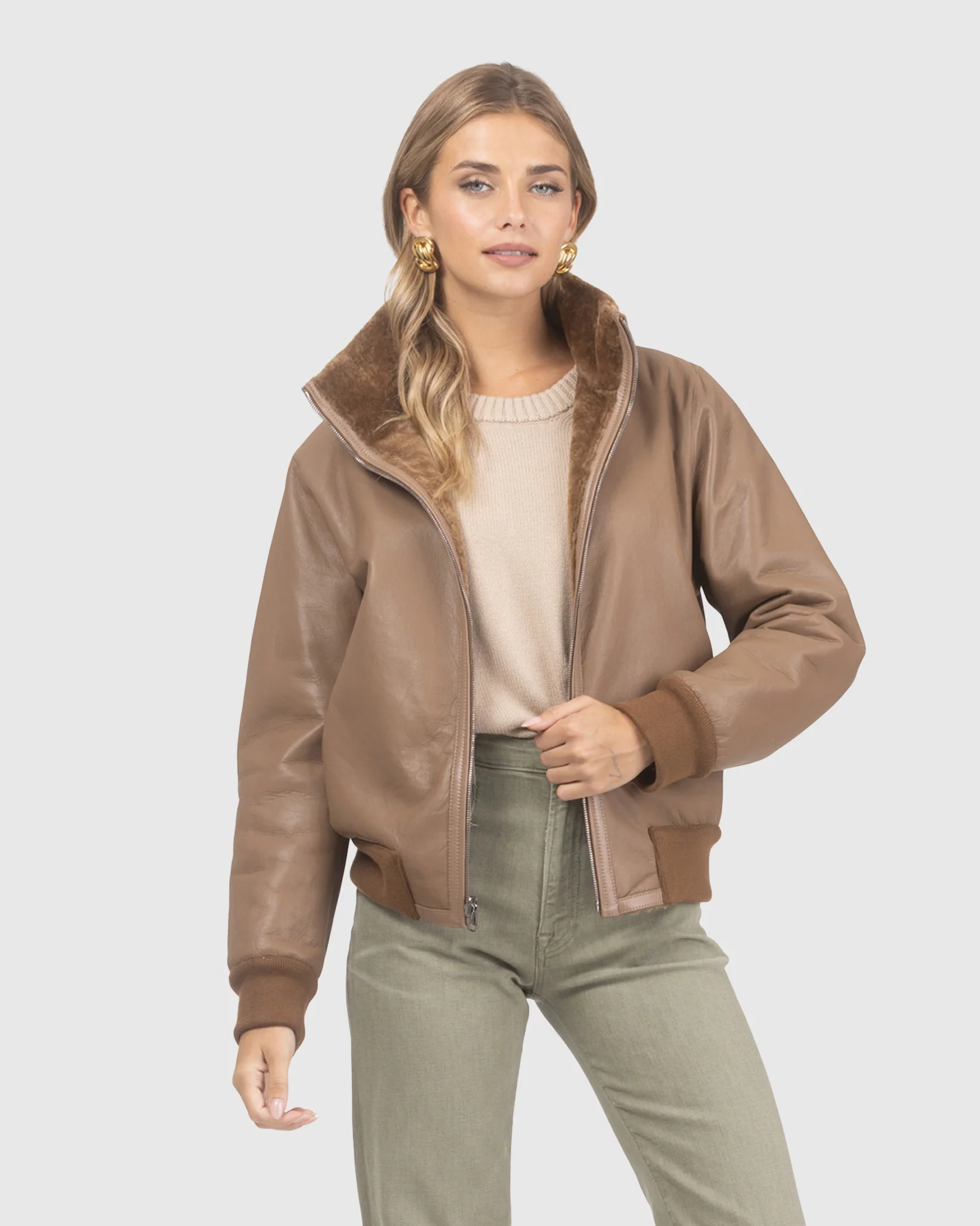 Reversible Textured Shearling Lamb Bomber Jacket - Image 19