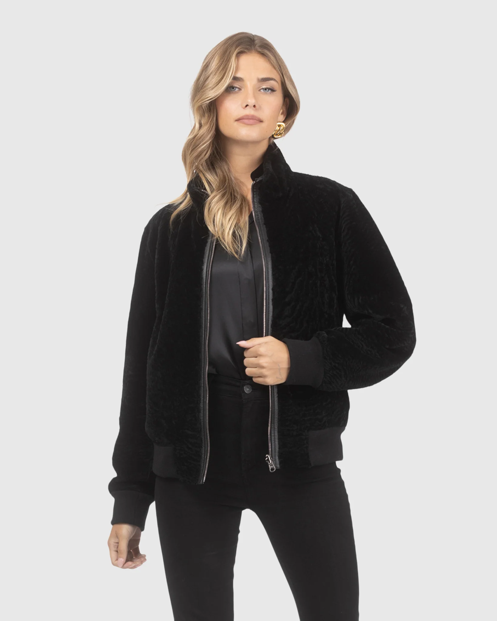 Reversible Textured Shearling Lamb Bomber Jacket - Image 2