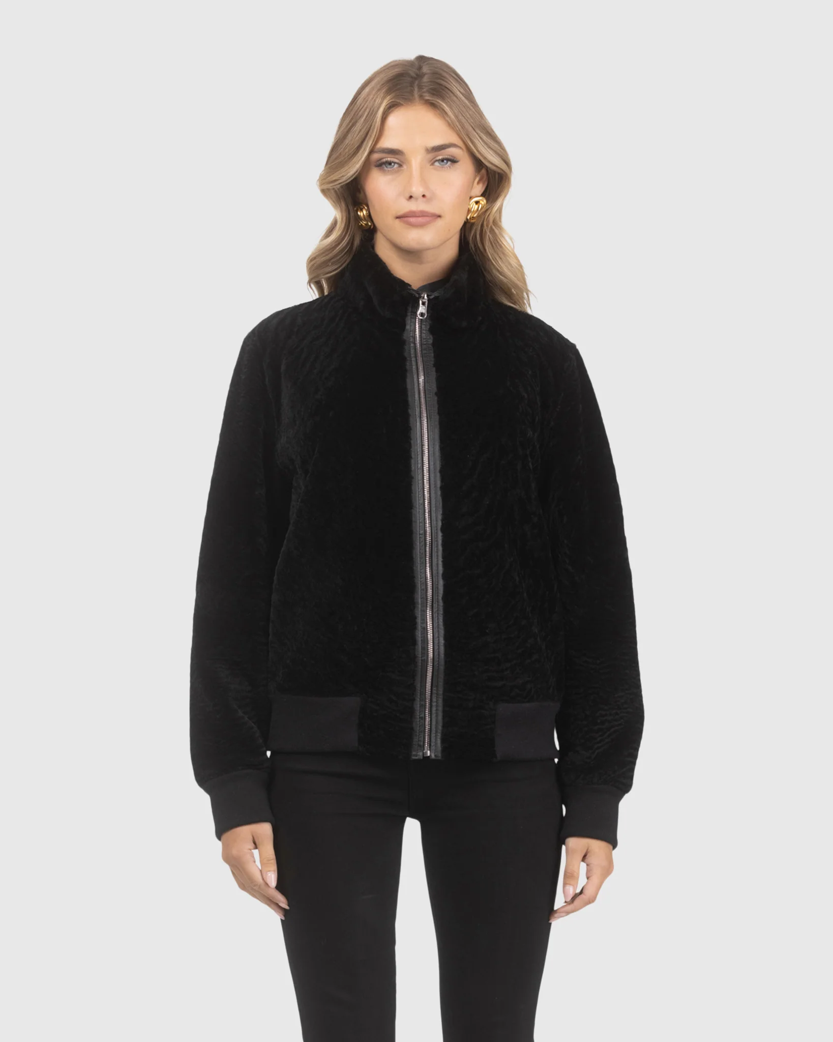 Reversible Textured Shearling Lamb Bomber Jacket - Image 3