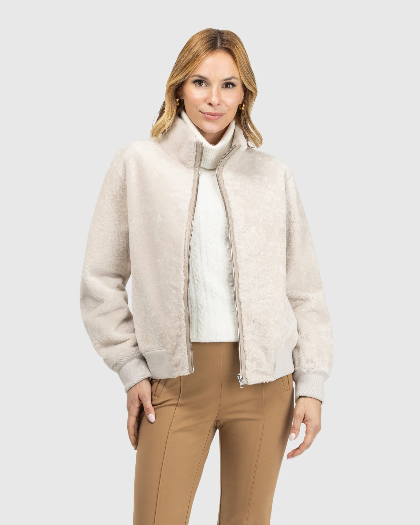 Reversible Textured Shearling Lamb Bomber Jacket - Image 8
