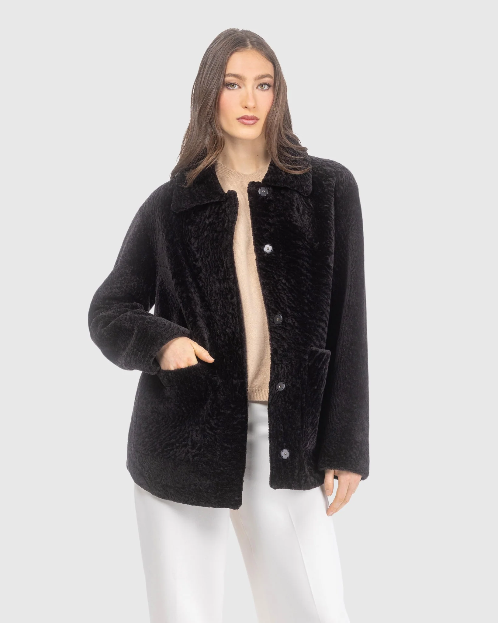 Reversible Textured Shearling Lamb Jacket
